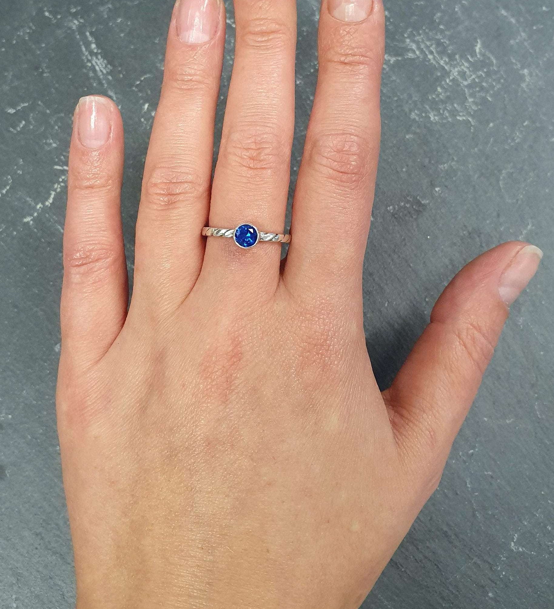 Sapphire Ring, Created Sapphire, Blue Solitaire Ring, Dainty Ring, Stackable Ring, Royal Blue Ring, Intertwined Rope Band, Solid Silver Ring