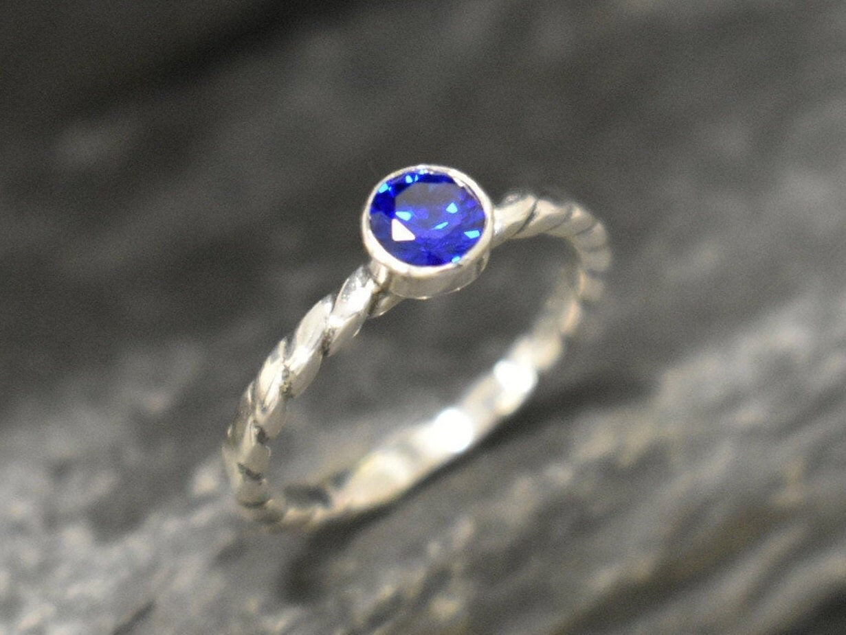 Sapphire Ring, Created Sapphire, Blue Solitaire Ring, Dainty Ring, Stackable Ring, Royal Blue Ring, Intertwined Rope Band, Solid Silver Ring