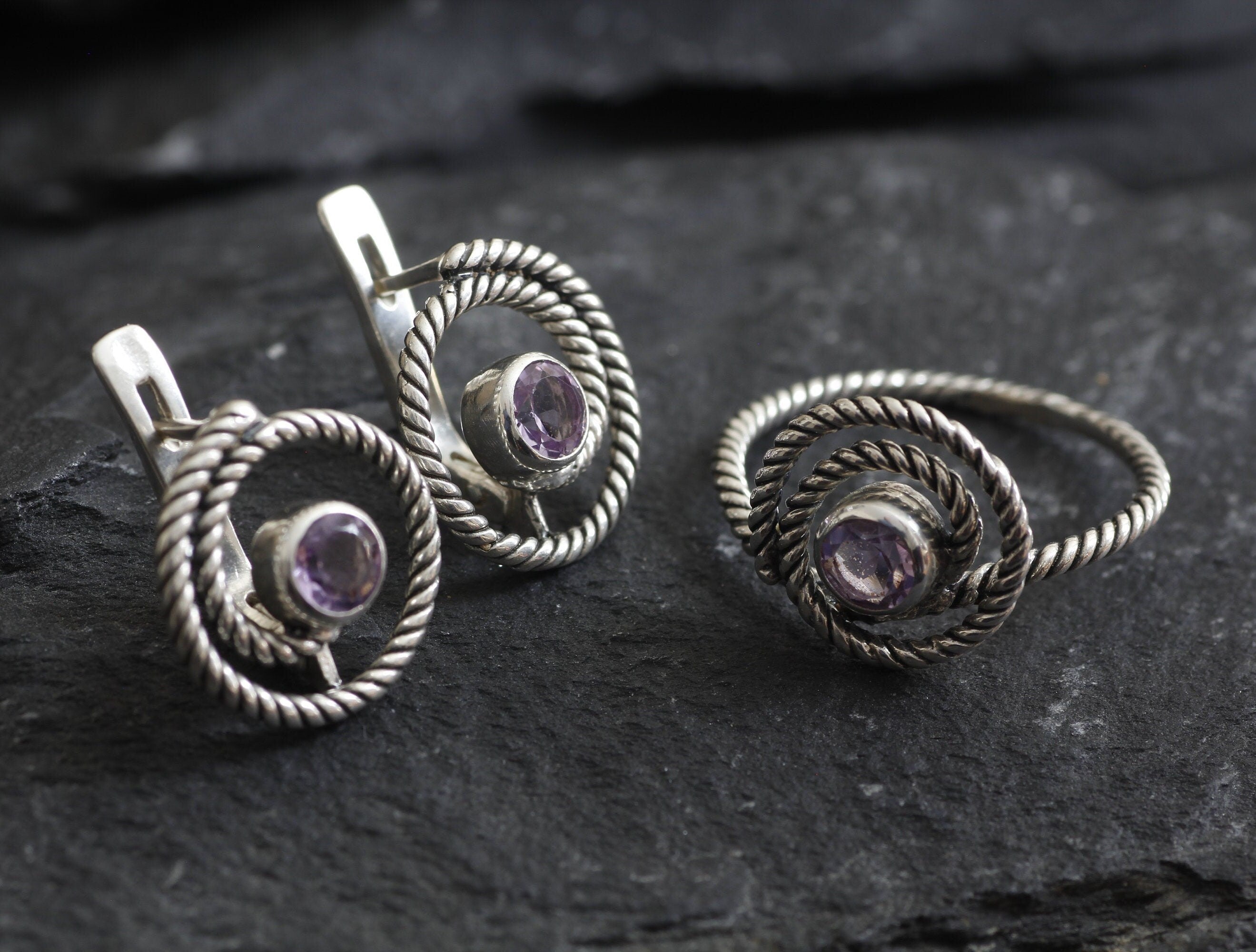 Amethyst Studs, Infinity Earrings, Natural Amethyst, Round Studs, February Birthstone, Swirl Studs, Dainty Spiral Earrings, Silver Earrings