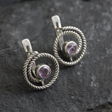 Amethyst Studs, Infinity Earrings, Natural Amethyst, Round Studs, February Birthstone, Swirl Studs, Dainty Spiral Earrings, Silver Earrings