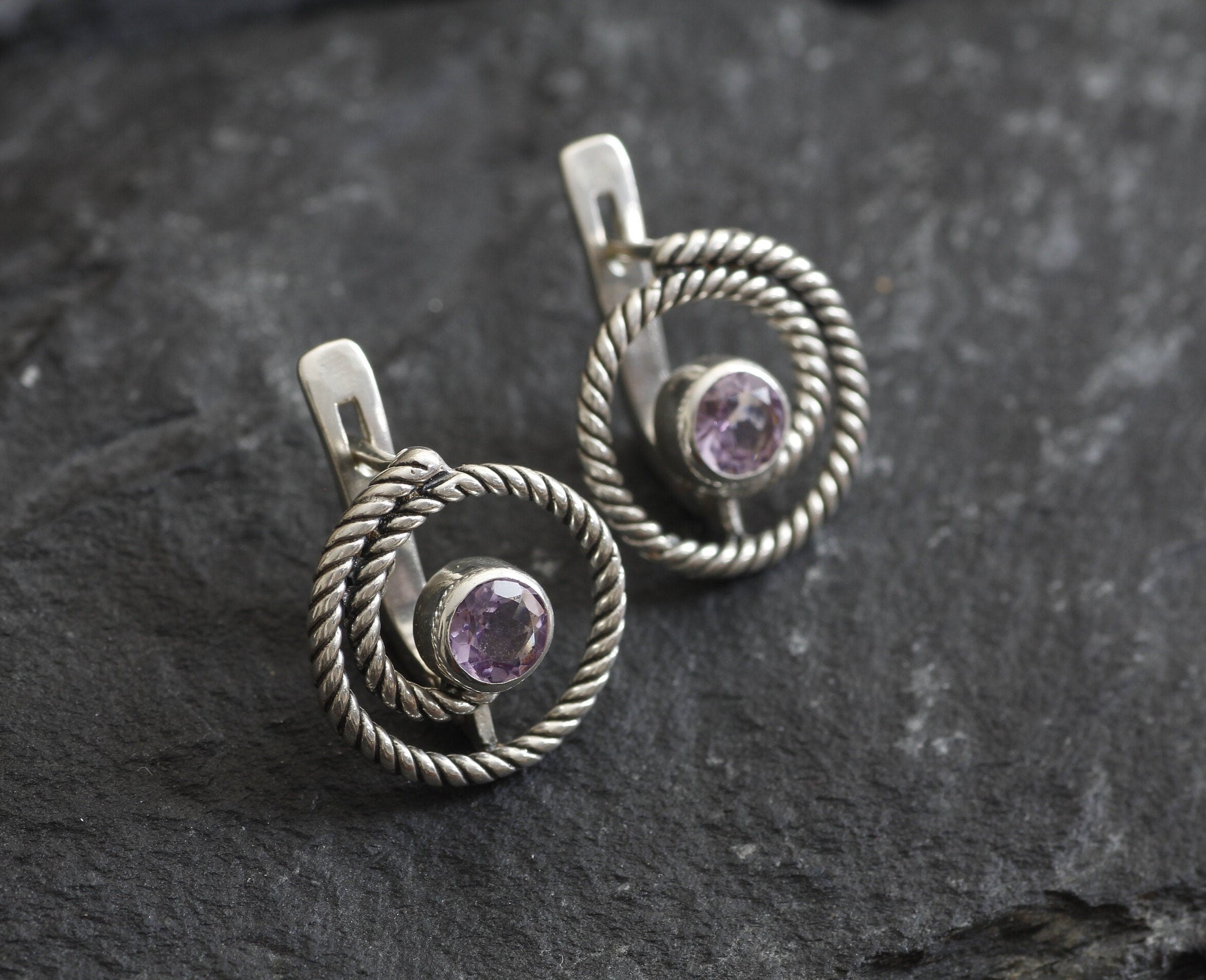 Amethyst Studs, Infinity Earrings, Natural Amethyst, Round Studs, February Birthstone, Swirl Studs, Dainty Spiral Earrings, Silver Earrings