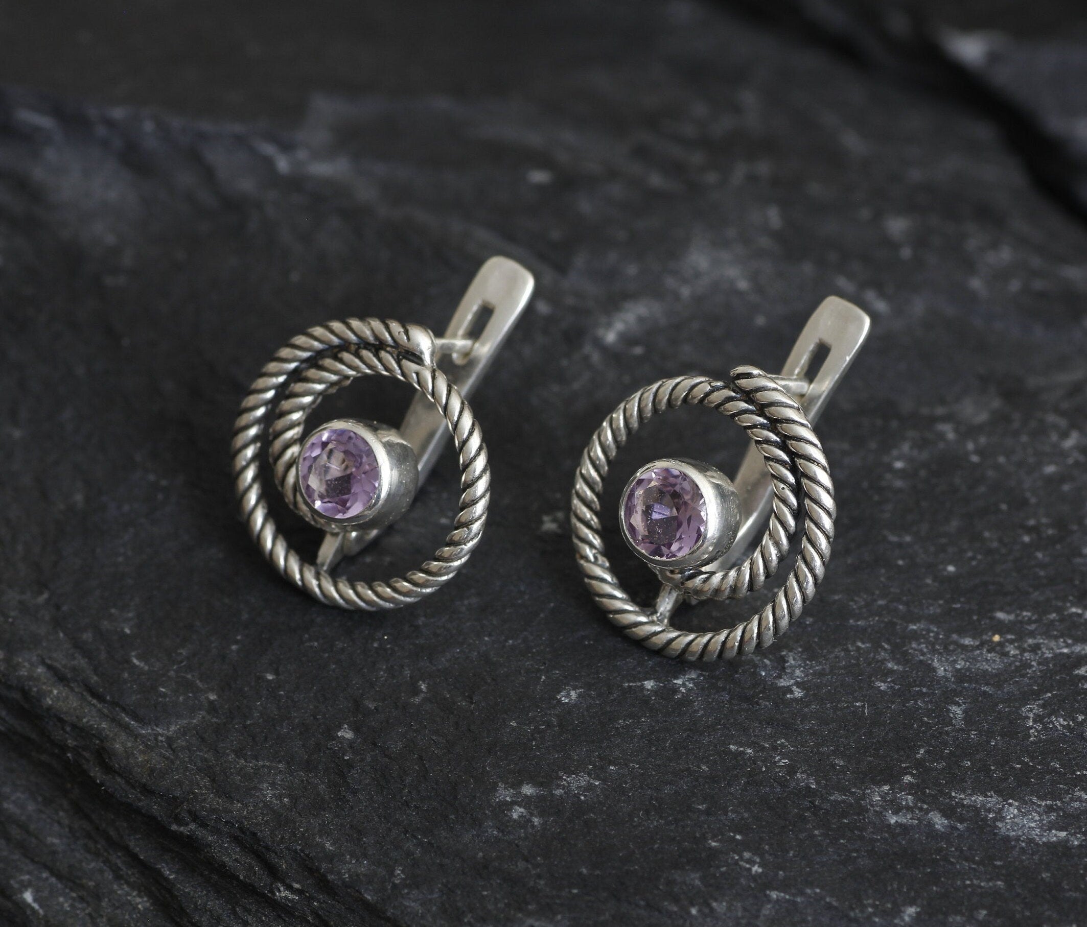 Amethyst Studs, Infinity Earrings, Natural Amethyst, Round Studs, February Birthstone, Swirl Studs, Dainty Spiral Earrings, Silver Earrings