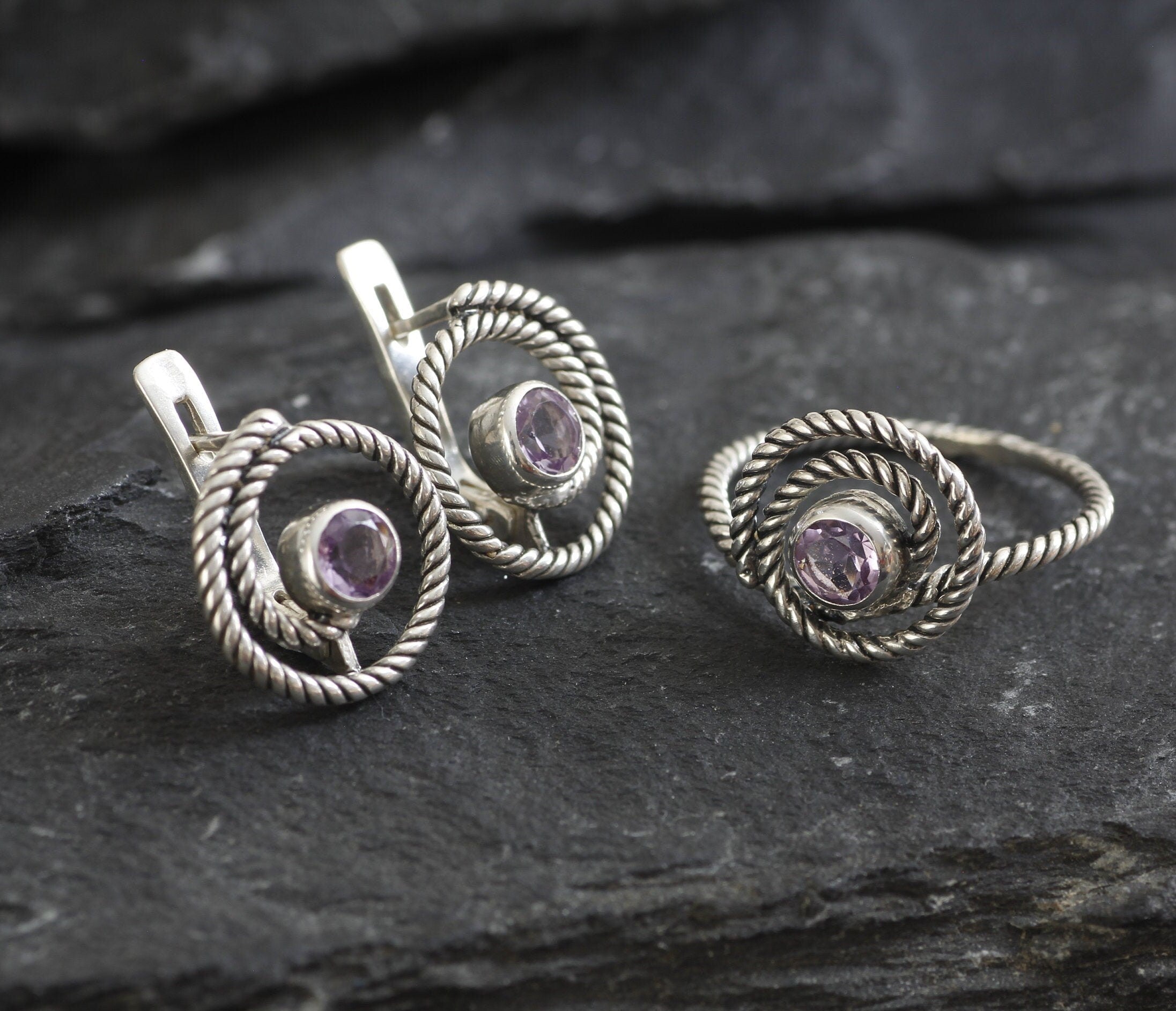 Amethyst Studs, Infinity Earrings, Natural Amethyst, Round Studs, February Birthstone, Swirl Studs, Dainty Spiral Earrings, Silver Earrings