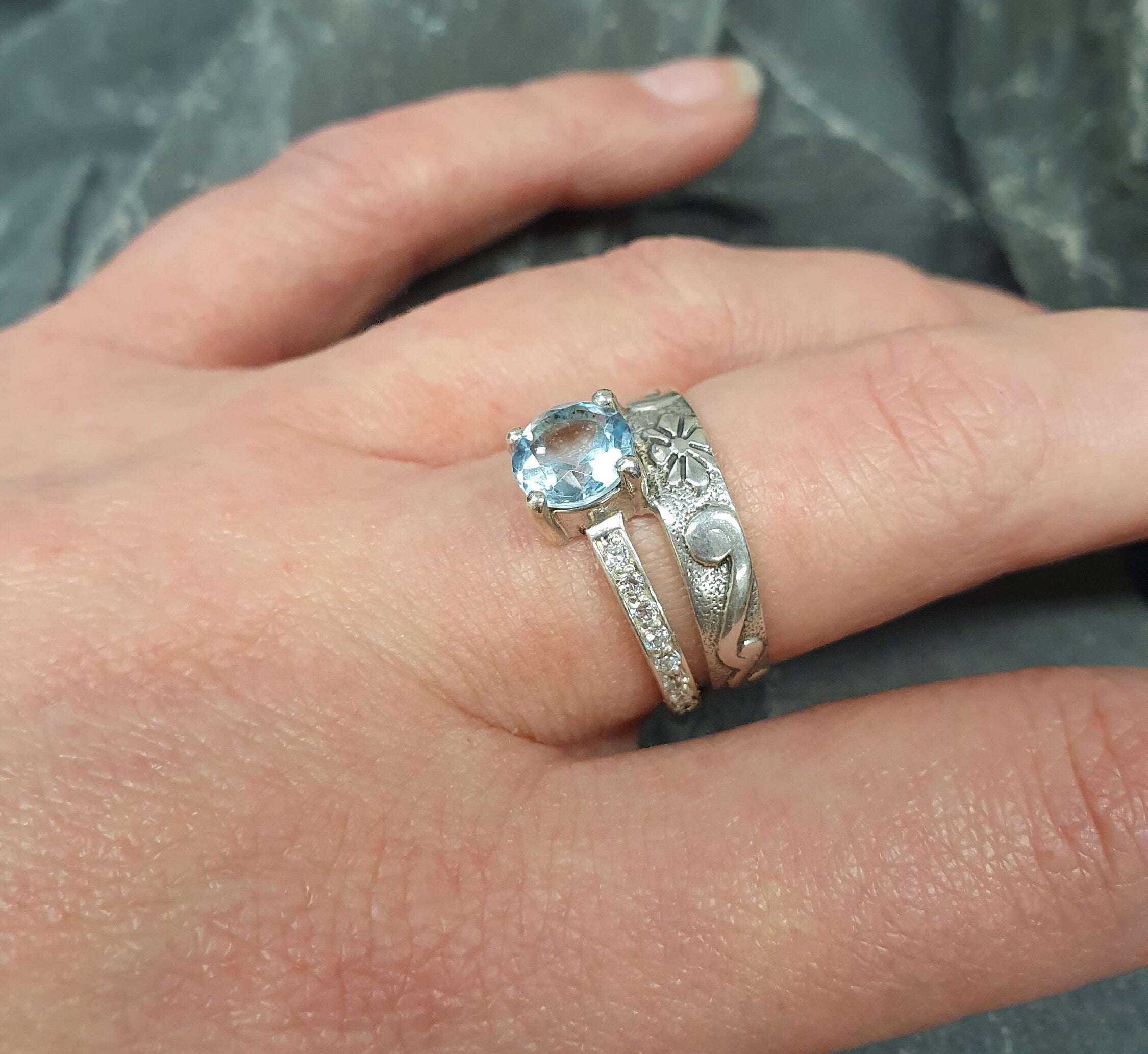 Double Band Ring, Blue Topaz Ring, Two Rings Set, December Birthstone, Vintage Rings, Set of Stacked Rings, Blue Stone Ring, Silver Ring