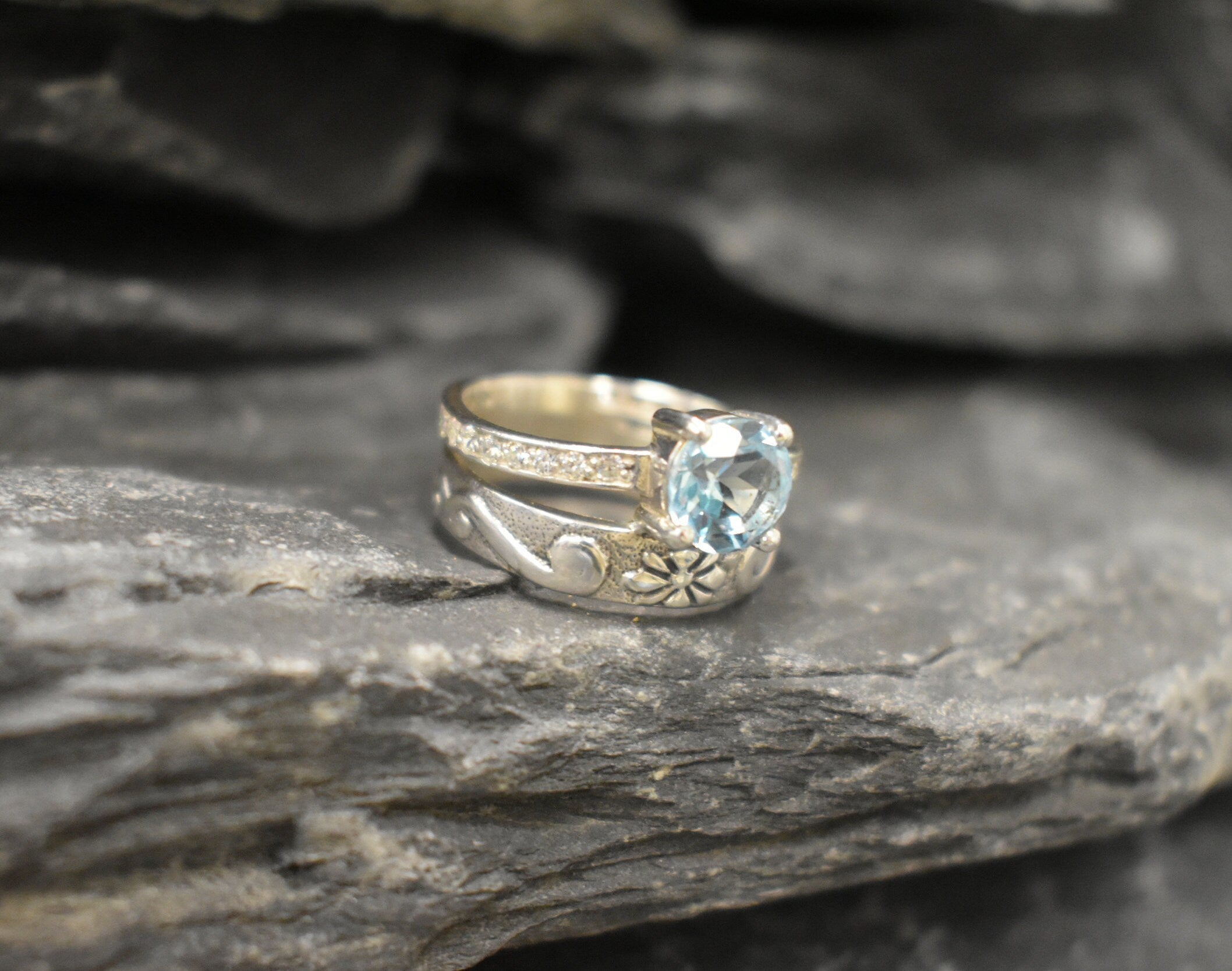 Double Band Ring, Blue Topaz Ring, Two Rings Set, December Birthstone, Vintage Rings, Set of Stacked Rings, Blue Stone Ring, Silver Ring