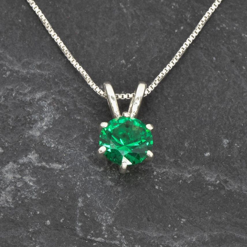 Created Emerald Pendant made in 925 Sterling Silver with Round Created Green Emerald in Solitaire setting, May Birthstone gift idea, symbolizes, ideal for everyday wear and perfect for birthday gifting and special occasions.