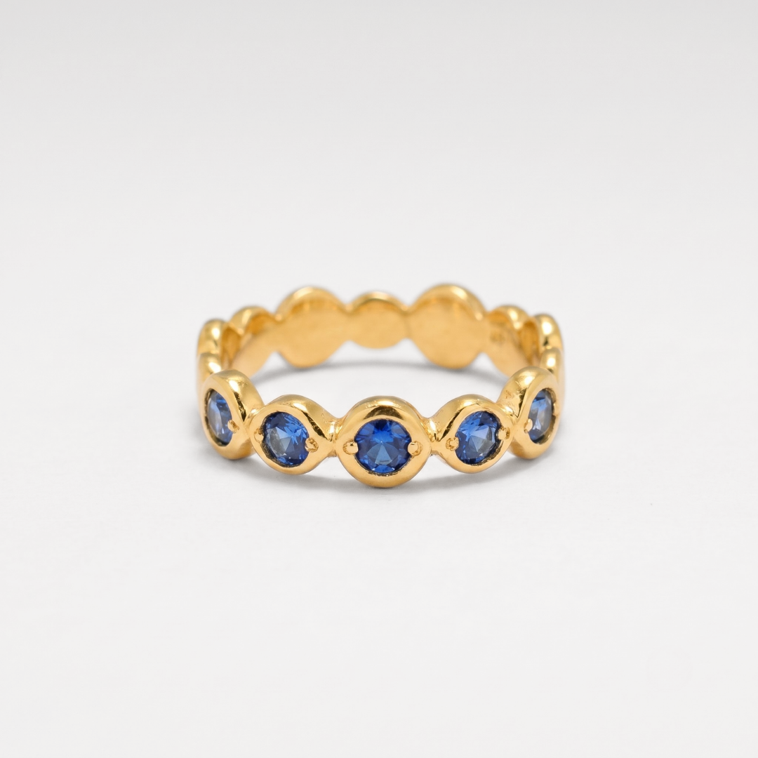 Created blue sapphire ring 18k gold vermeil, round flush-set stone, September birthstone, ideal for gifting and daily wear