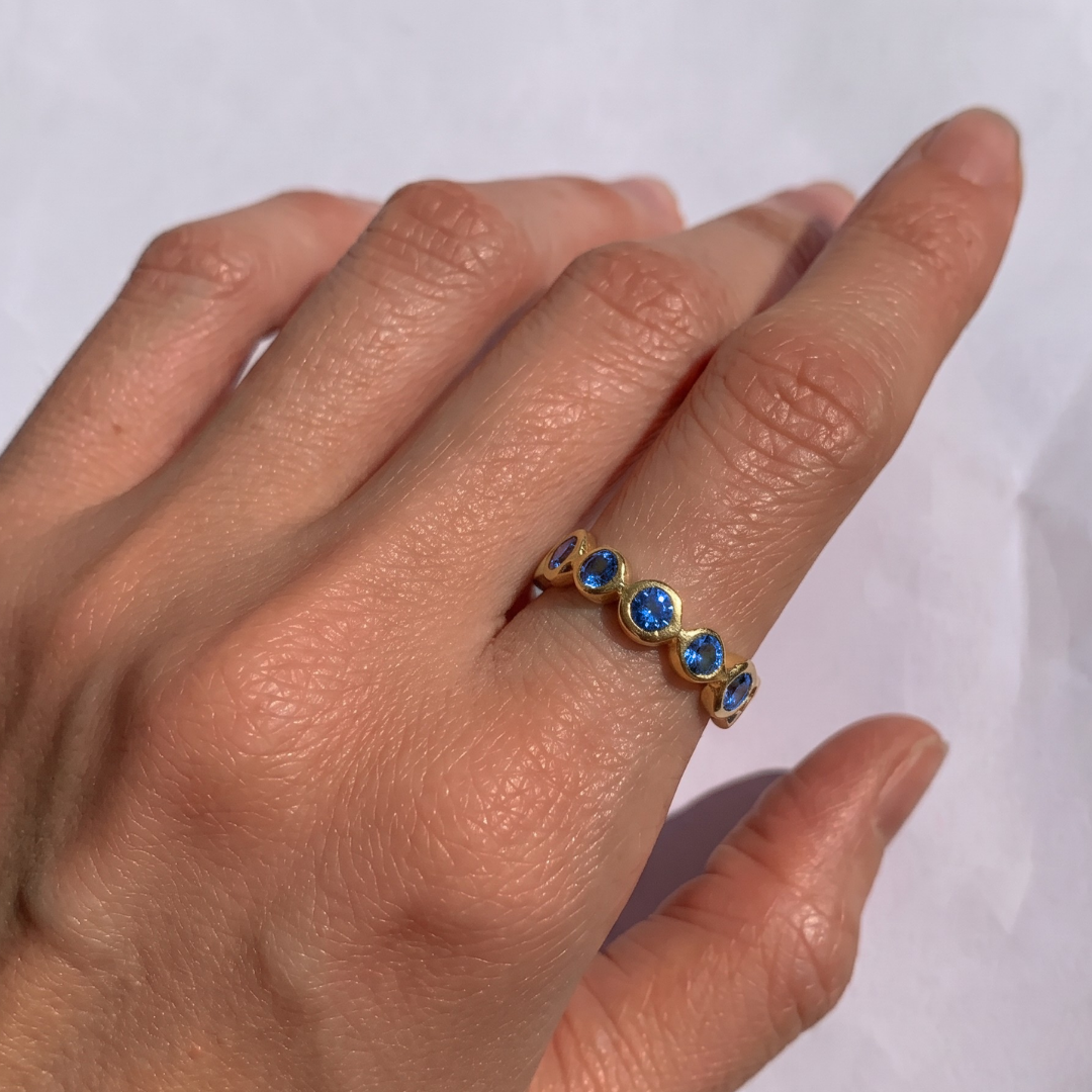 18k gold vermeil ring with round created blue sapphire flush-set, September birthstone symbolizing sincerity & faith