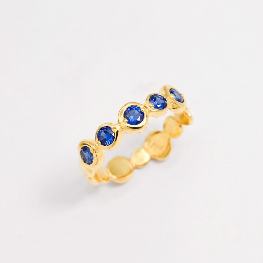 Created Sapphire Ring made in 18k Gold Vermeil with Round Created blue Sapphire in Flush setting, September Birthstone gift idea, symbolizes sincerity, truth, and faithfulness, ideal for everyday wear and perfect for birthday gifting and special occasions.