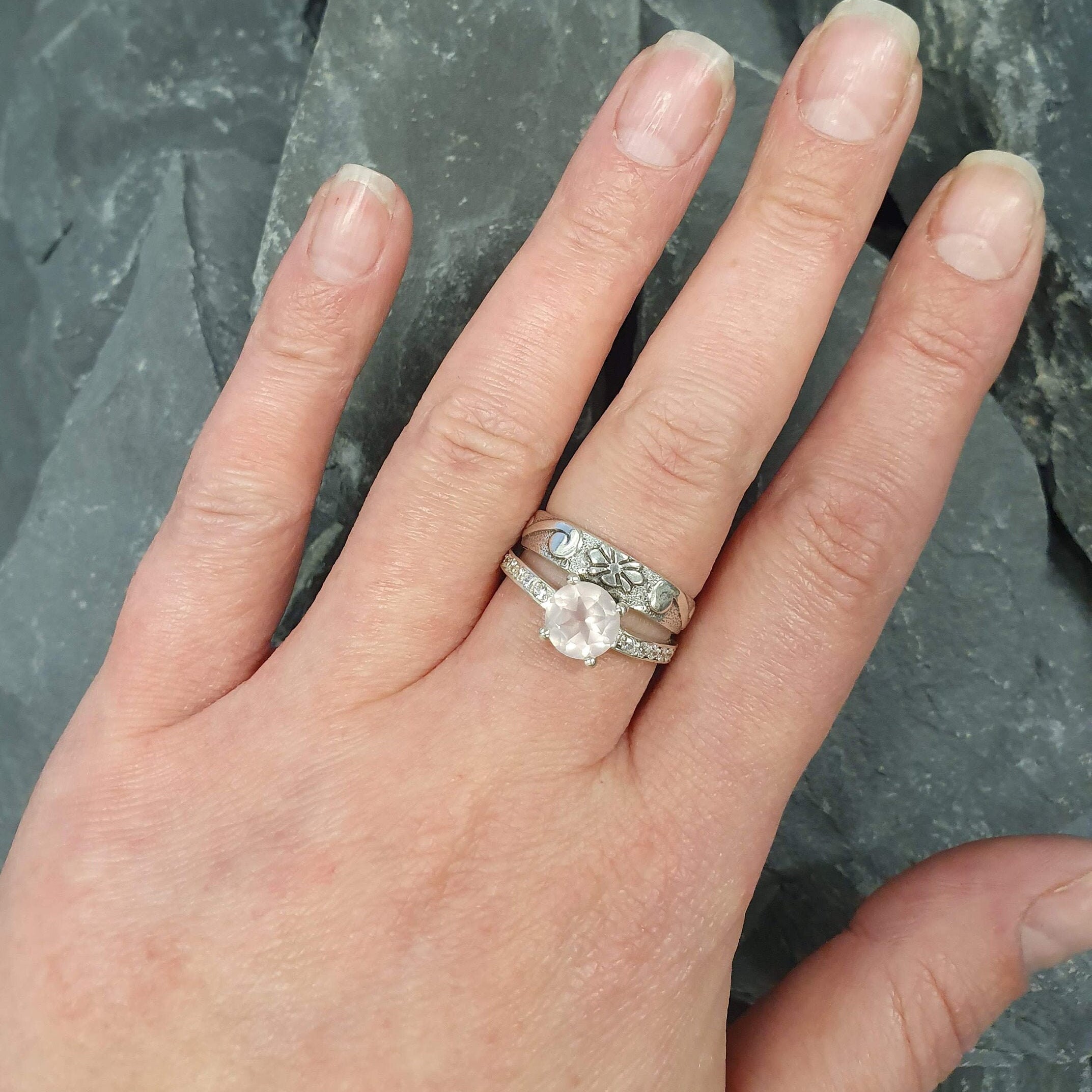 Double Band, Rose Quartz Ring, Two Rings Set, January Birthstone, Vintage Rings, Set of Stacked Rings, Pink Stone Ring, Sterling Silver Ring