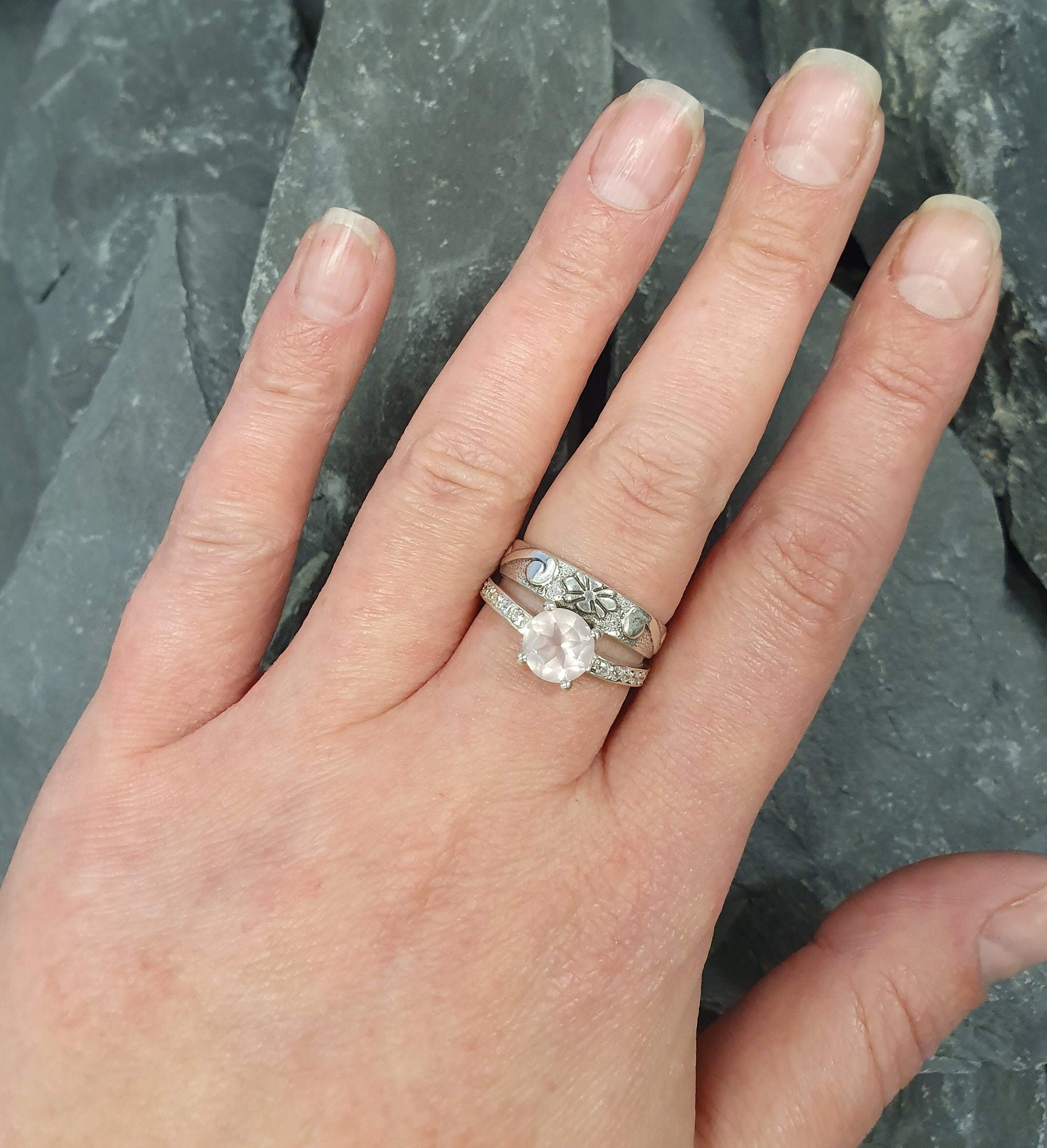 Double Band, Rose Quartz Ring, Two Rings Set, January Birthstone, Vintage Rings, Set of Stacked Rings, Pink Stone Ring, Sterling Silver Ring