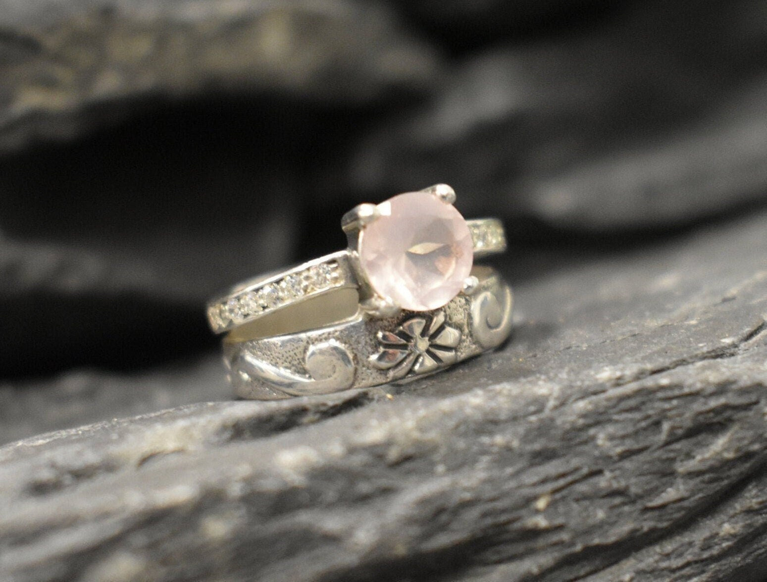 Double Band, Rose Quartz Ring, Two Rings Set, January Birthstone, Vintage Rings, Set of Stacked Rings, Pink Stone Ring, Sterling Silver Ring