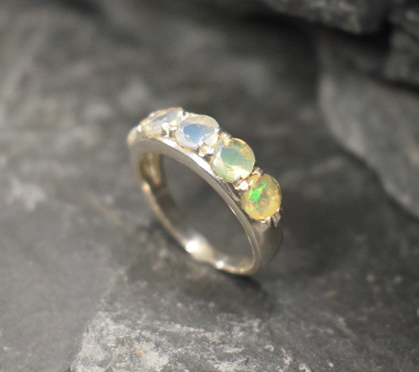 Opal Band, Ethiopain Opal, October Birthstone, Half Eternity Band, Opal Ring, Fire Opal Ring, Vintage Opal Ring, Solid Silver Ring, Opal