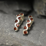 Long Red Earrings - Natural Garnet Earrings, Wavy Silver Earrings