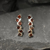 Long Red Earrings - Natural Garnet Earrings, Wavy Silver Earrings