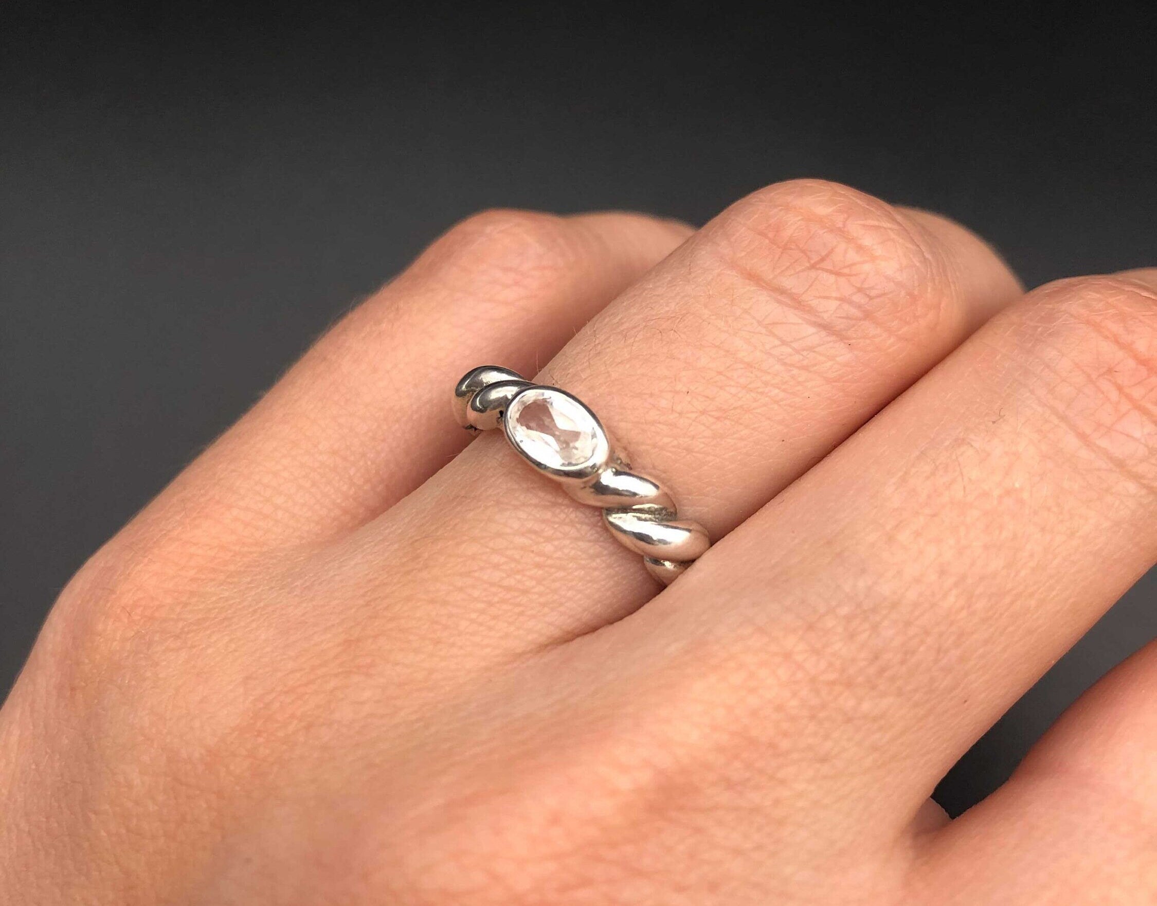 White Topaz Ring, Twisted Band, Croissant Ring, Natural Topaz, Crystal Ring, Stackable Ring, Croissant Band, Silver Rope Ring, Solid Silver