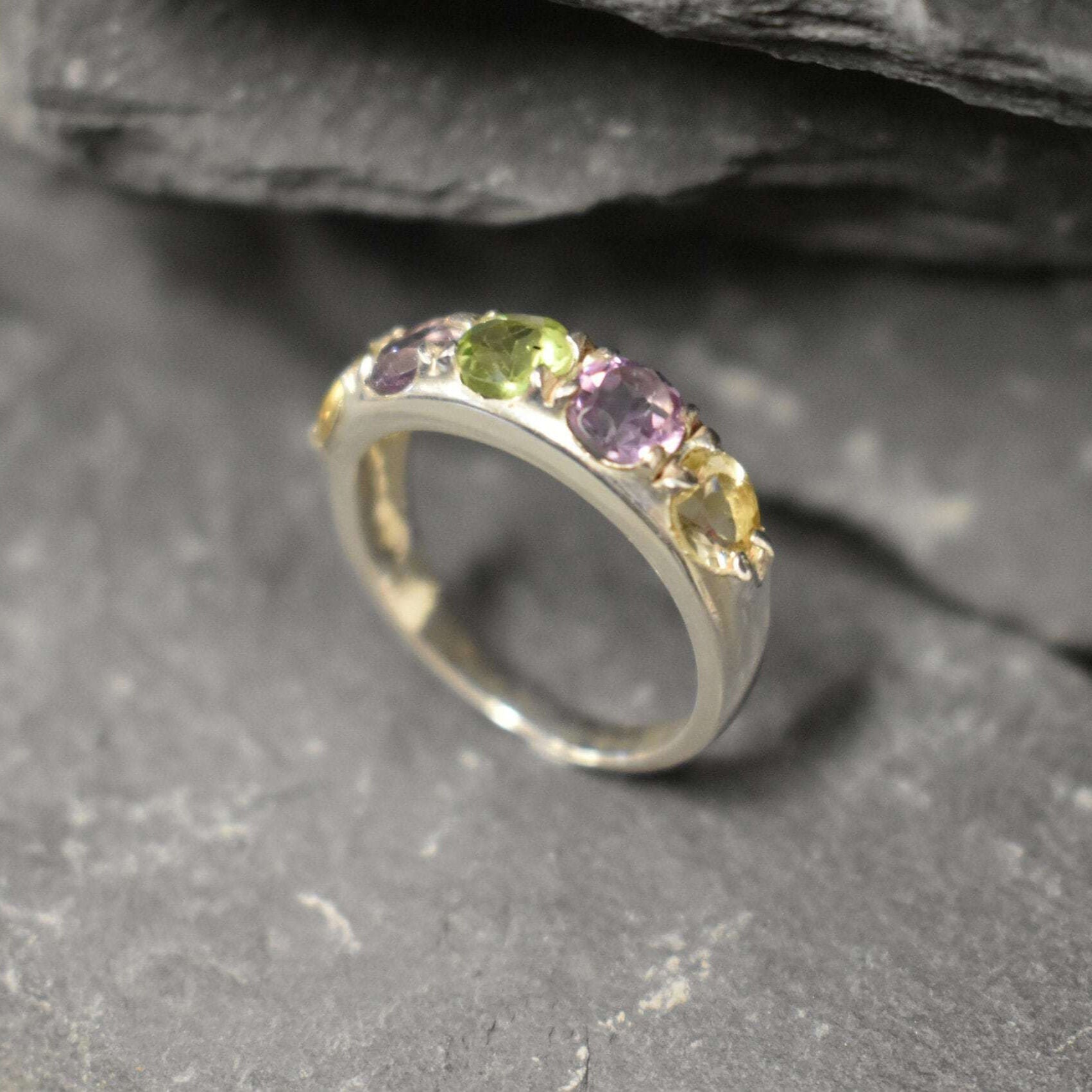 Mutistone Band, Thick Band, Statement Topaz Ring, Wide Band, Birthstone Ring, Sturdy Band, Solid Silver Ring, Peridot, Amethyst, Citrine