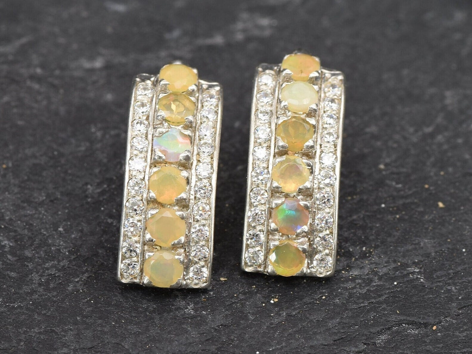 Opal Earrings, Victorian Earrings, Fire Opal Earrings, October Birthstone, Ethiopian Opal, Vintage Earrings, Fire Opal Studs, Genuine Opal