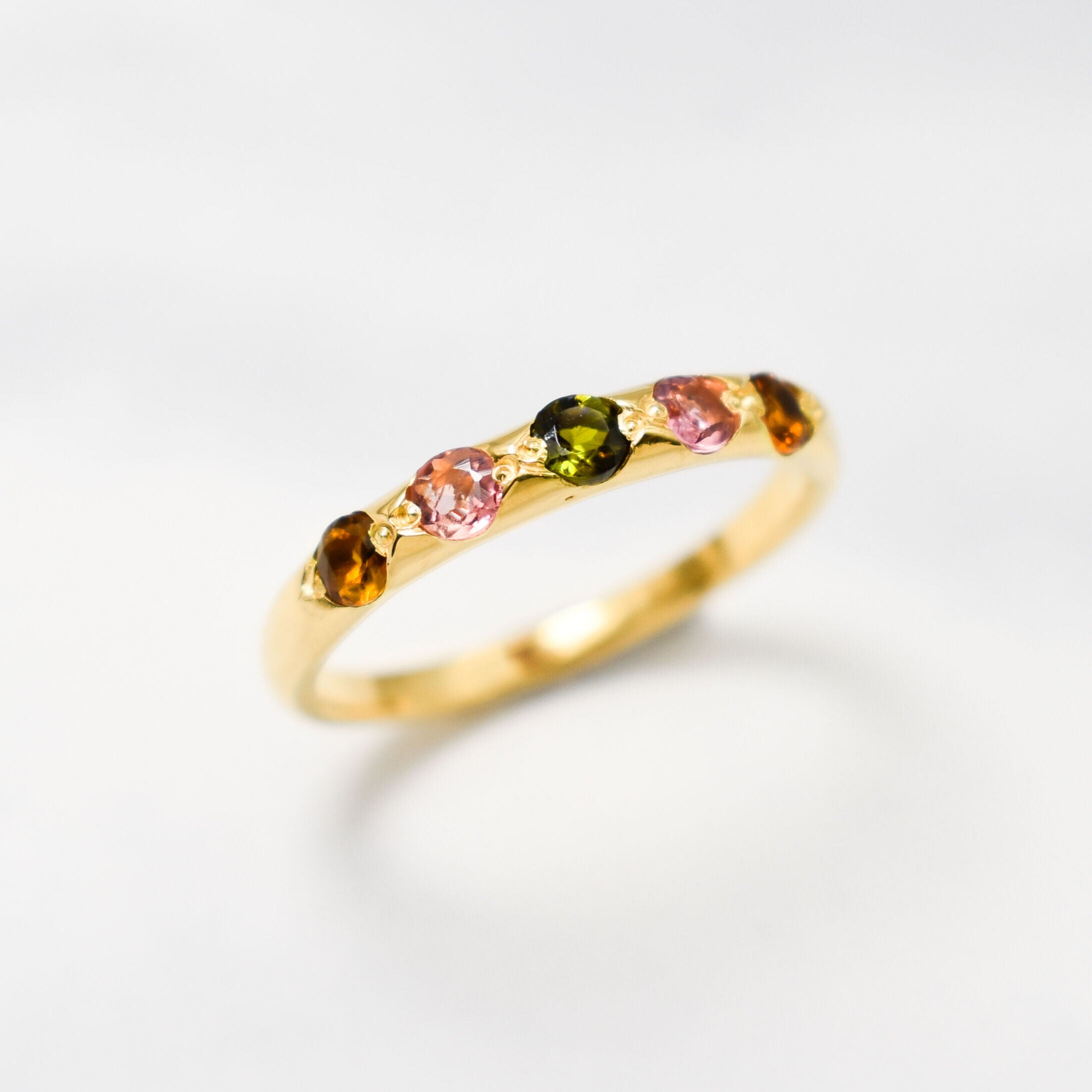 Gold Tourmaline Band, Natural Tourmaline, Stackable Ring, Half Eternity Ring, Dainty Band, October Birthstone, Colorful Ring, Silver Ring