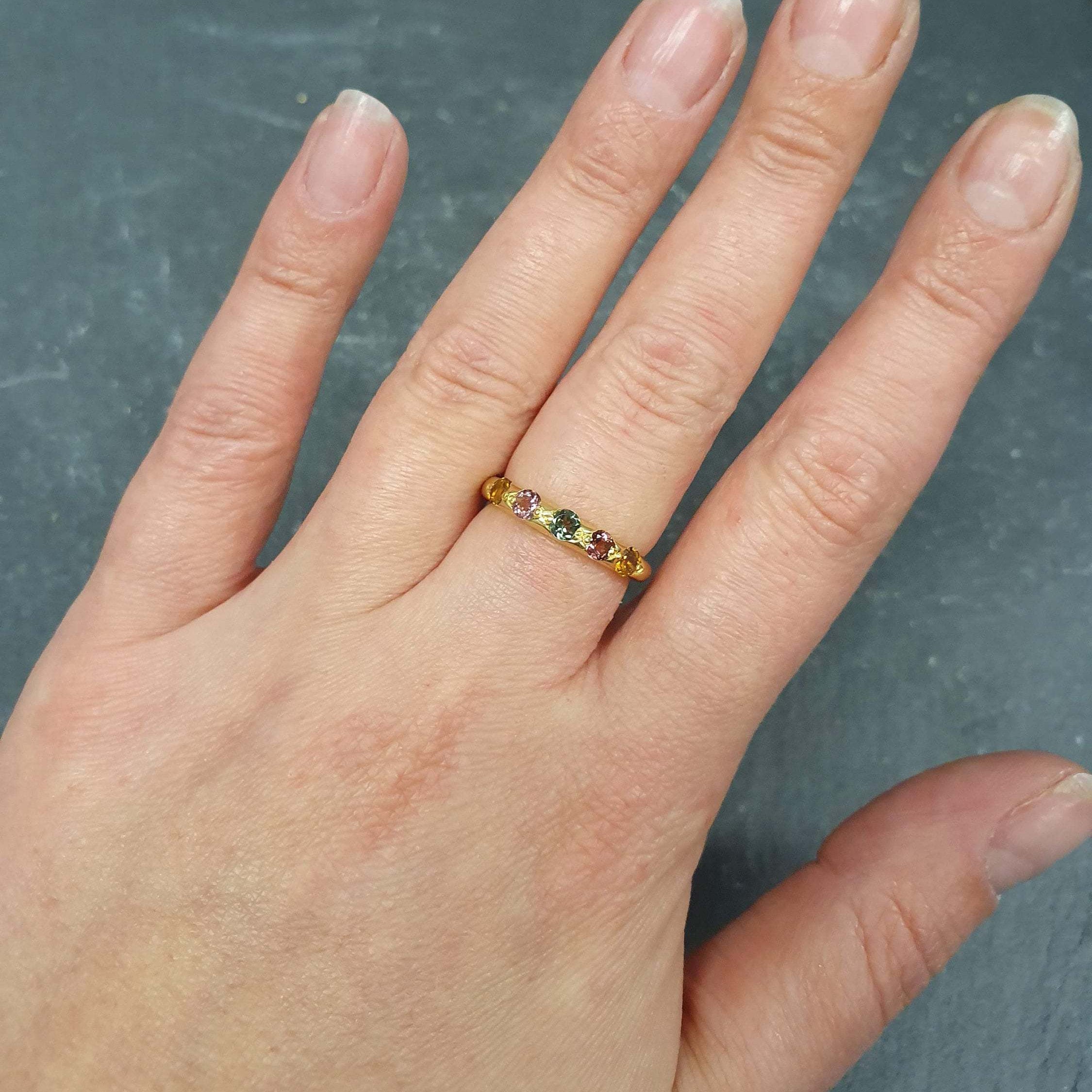 Gold Tourmaline Band, Natural Tourmaline, Stackable Ring, Half Eternity Ring, Dainty Band, October Birthstone, Colorful Ring, Silver Ring