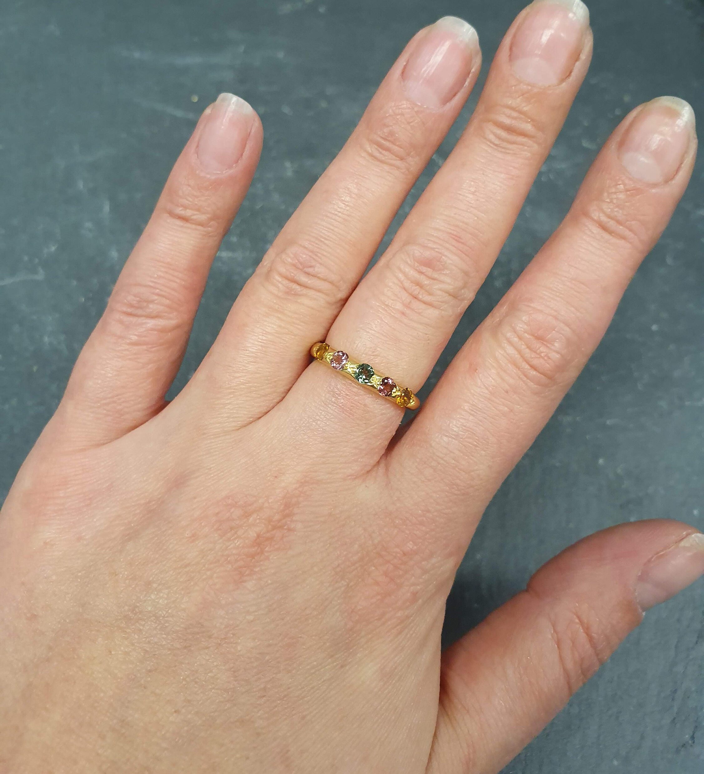Gold Tourmaline Band, Natural Tourmaline, Stackable Ring, Half Eternity Ring, Dainty Band, October Birthstone, Colorful Ring, Silver Ring(2)