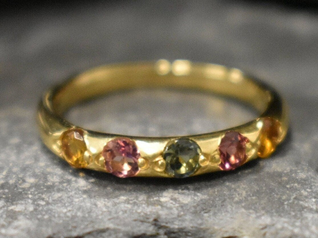 Gold Tourmaline Band, Natural Tourmaline, Stackable Ring, Half Eternity Ring, Dainty Band, October Birthstone, Colorful Ring, Silver Ring(2)