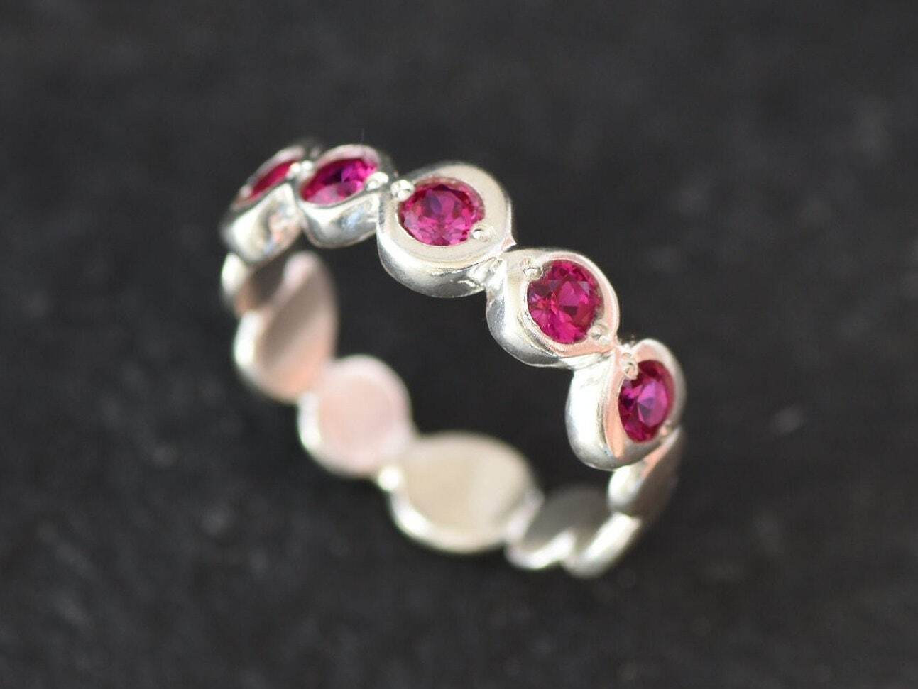 Created Ruby Ring made in 925 Sterling Silver with Round Created Red Ruby in Flush setting, July Birthstone gift idea, symbolizes nobility, purity, and passion, ideal for everyday wear and perfect for birthday gifting and special occasions.
