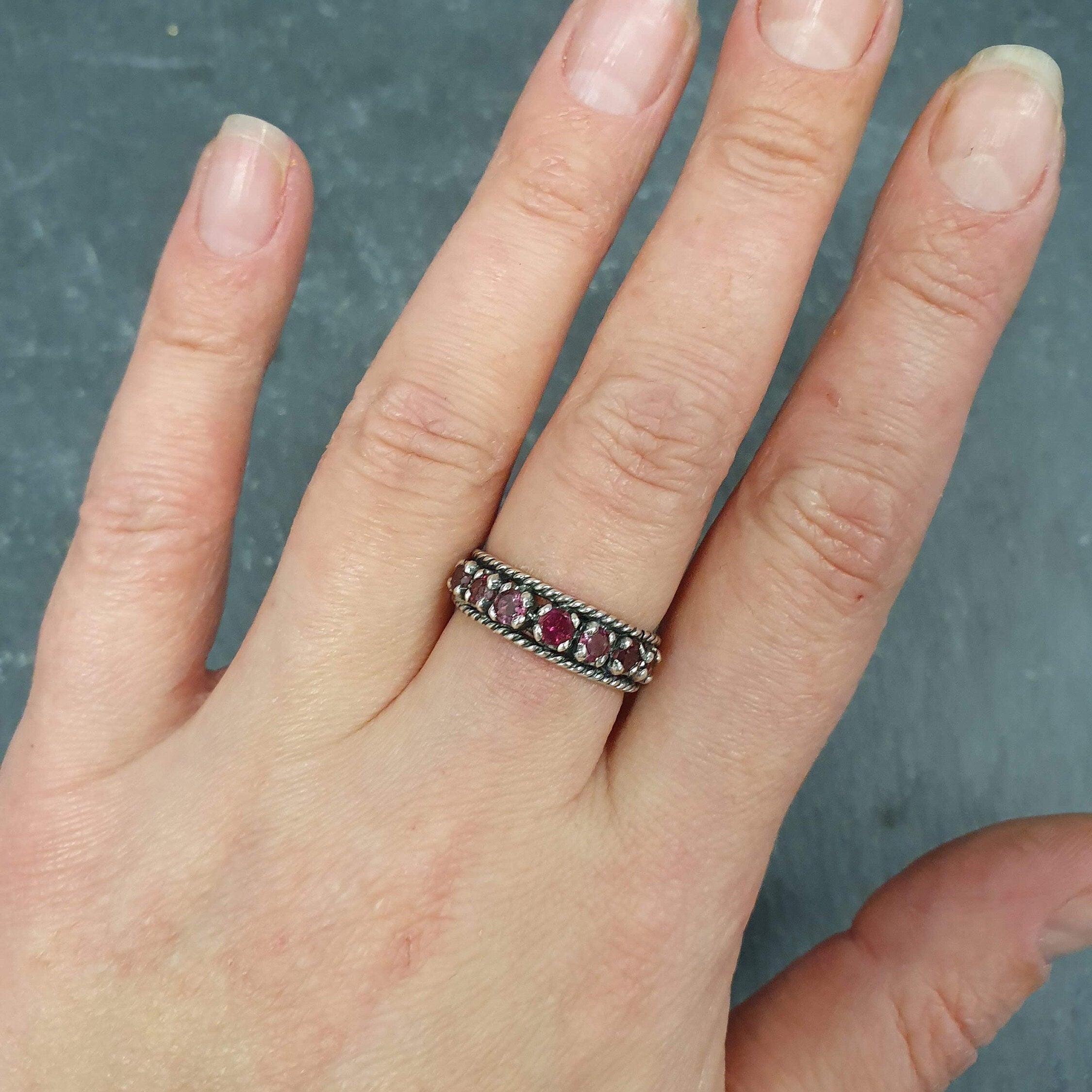 Pink Tourmaline Band, Natural Tourmaline, Half Eternity Ring, October Birthstone, Stackable Band, Thick Band, Pink Ring, Solid Silver Ring