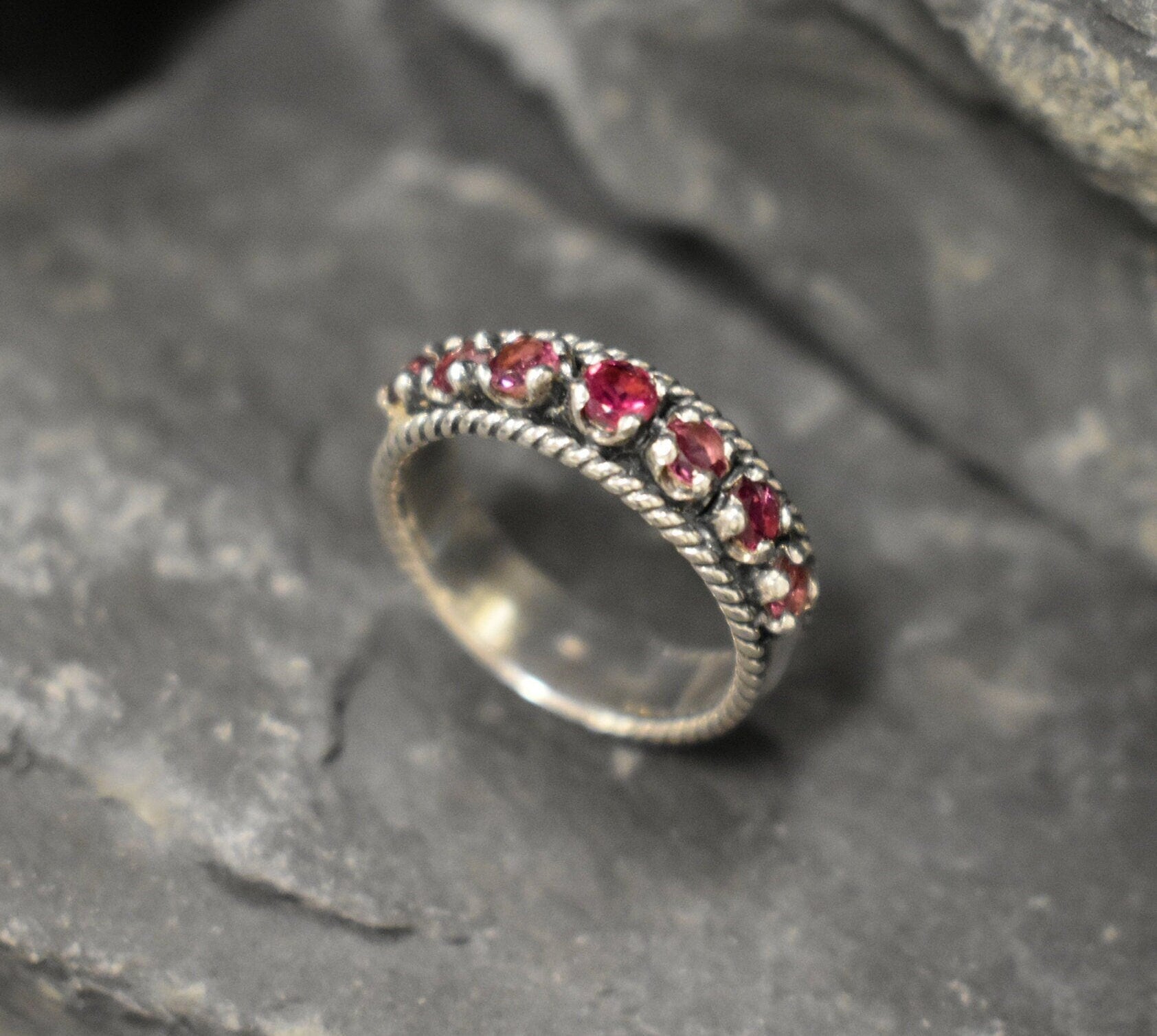 Pink Tourmaline Band, Natural Tourmaline, Half Eternity Ring, October Birthstone, Stackable Band, Thick Band, Pink Ring, Solid Silver Ring