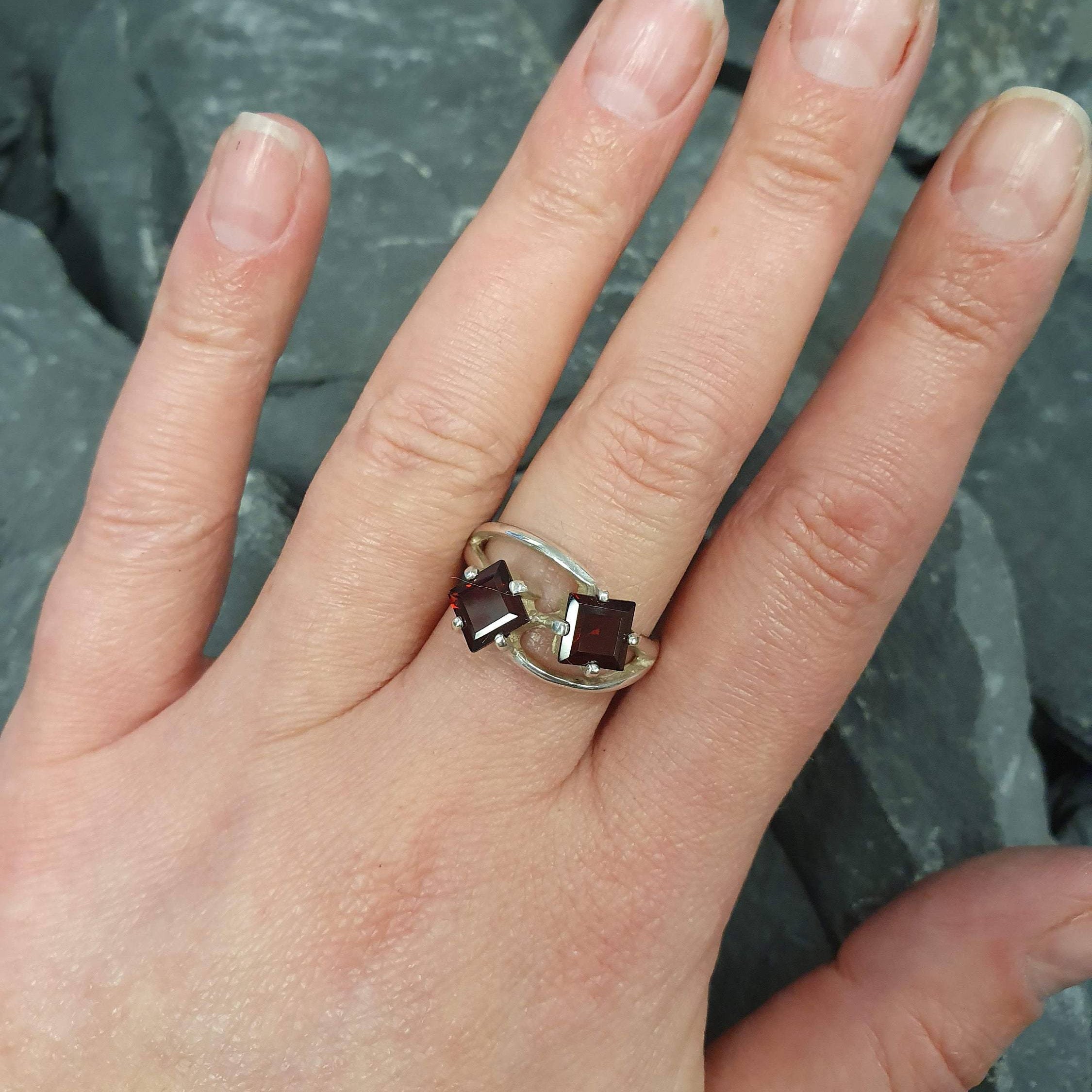Red Garnet Ring, Two Stone Ring, Asymmetric Ring, Natural Garnet, Red Square Ring, January Birthstone, Geometric Ring, Sterling Silver Ring