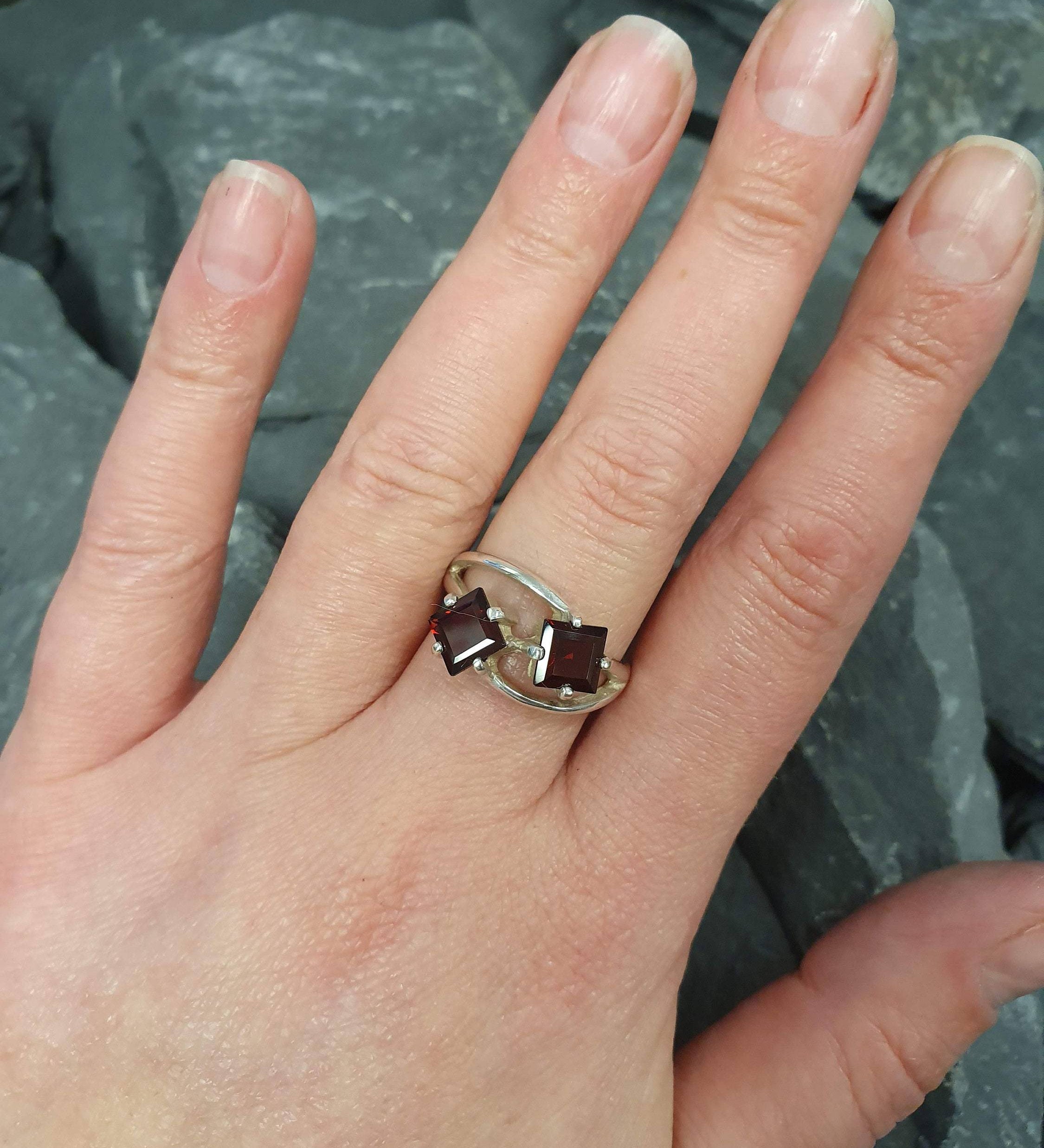 Red Garnet Ring, Two Stone Ring, Asymmetric Ring, Natural Garnet, Red Square Ring, January Birthstone, Geometric Ring, Sterling Silver Ring