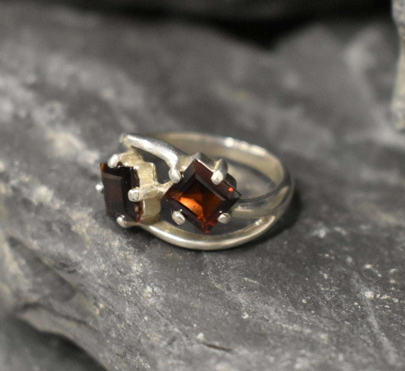 Red Garnet Ring, Two Stone Ring, Asymmetric Ring, Natural Garnet, Red Square Ring, January Birthstone, Geometric Ring, Sterling Silver Ring