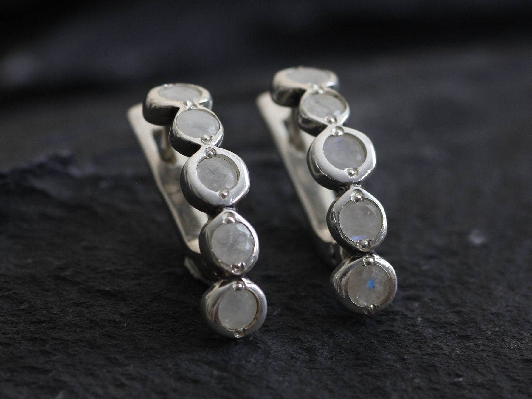 Moonstone Earrings, Natural Rainbow Moonstone, White Studs, Half Hoops, Boho Earrings, June Birthstone, Long Studs, Solid Silver Earrings