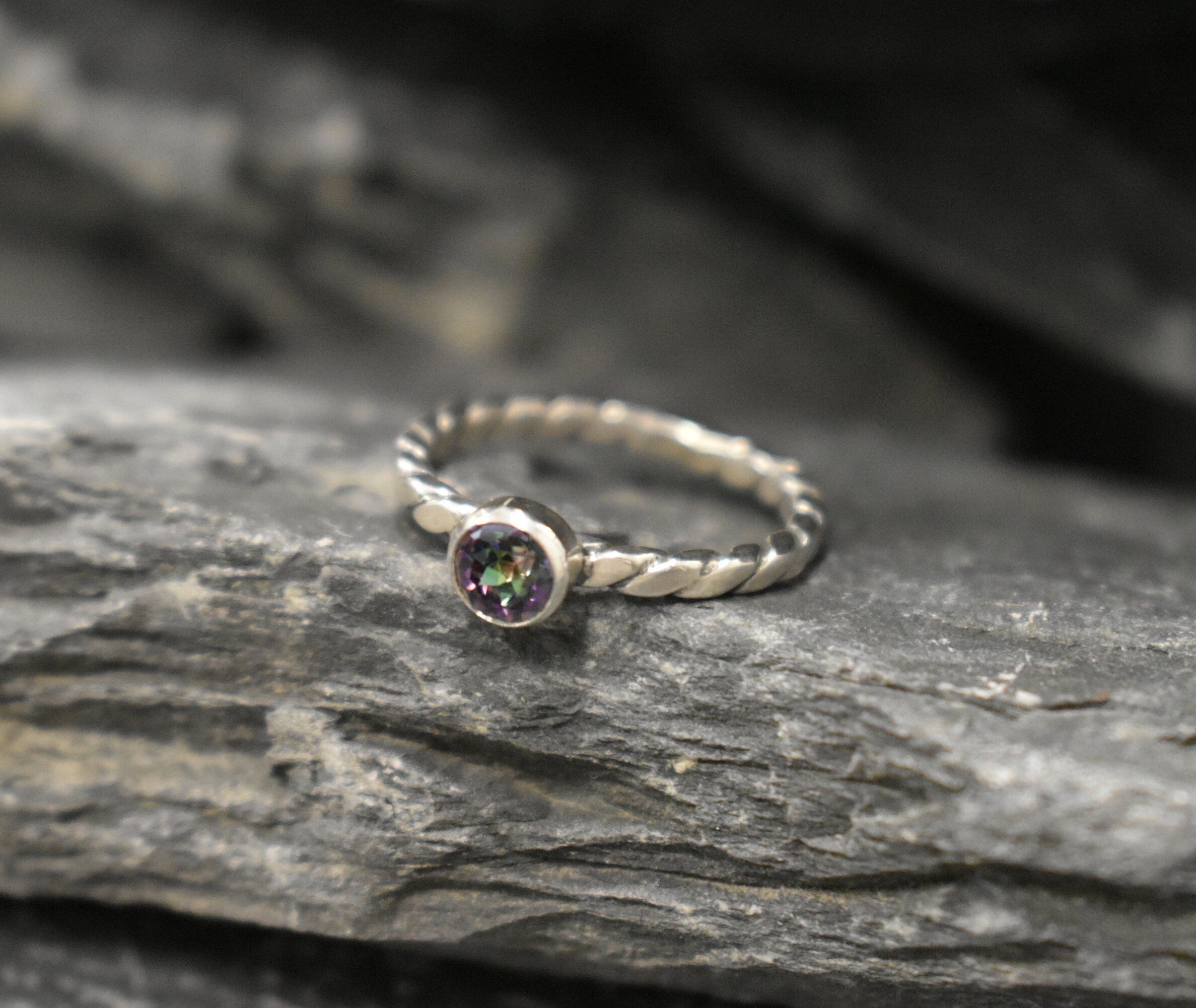 Mystic Topaz Ring, Dainty Ring, Solitaire Ring, December Birthstone, Stackable Ring, Intertwined Rope Band, Vintage Ring, Solid Silver Ring