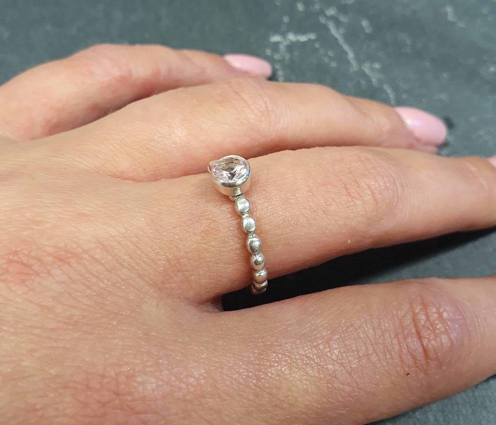 Morganite Ring, Created Morganite, Pink Solitaire Ring, Bubble Ring, Pink Vintage Ring, Stackable Ring, Pink Diamond Ring, Solid Silver Ring