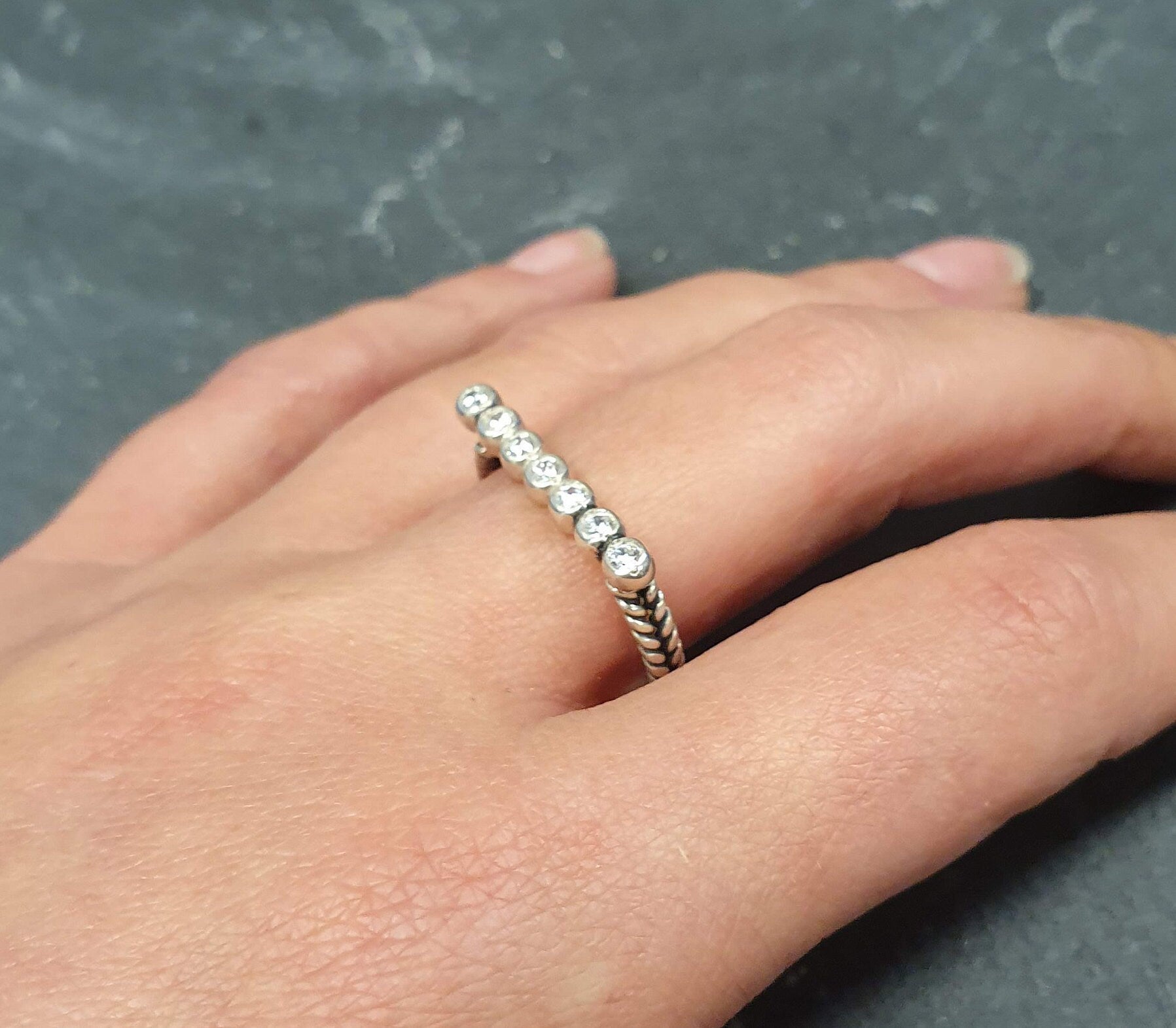 Diamond Ring, Created Diamond, Silver Bar Ring, White Vintage Ring, Clear Diamond Ring, Stackable Ring, Silver Braided Ring, 925 Silver Ring