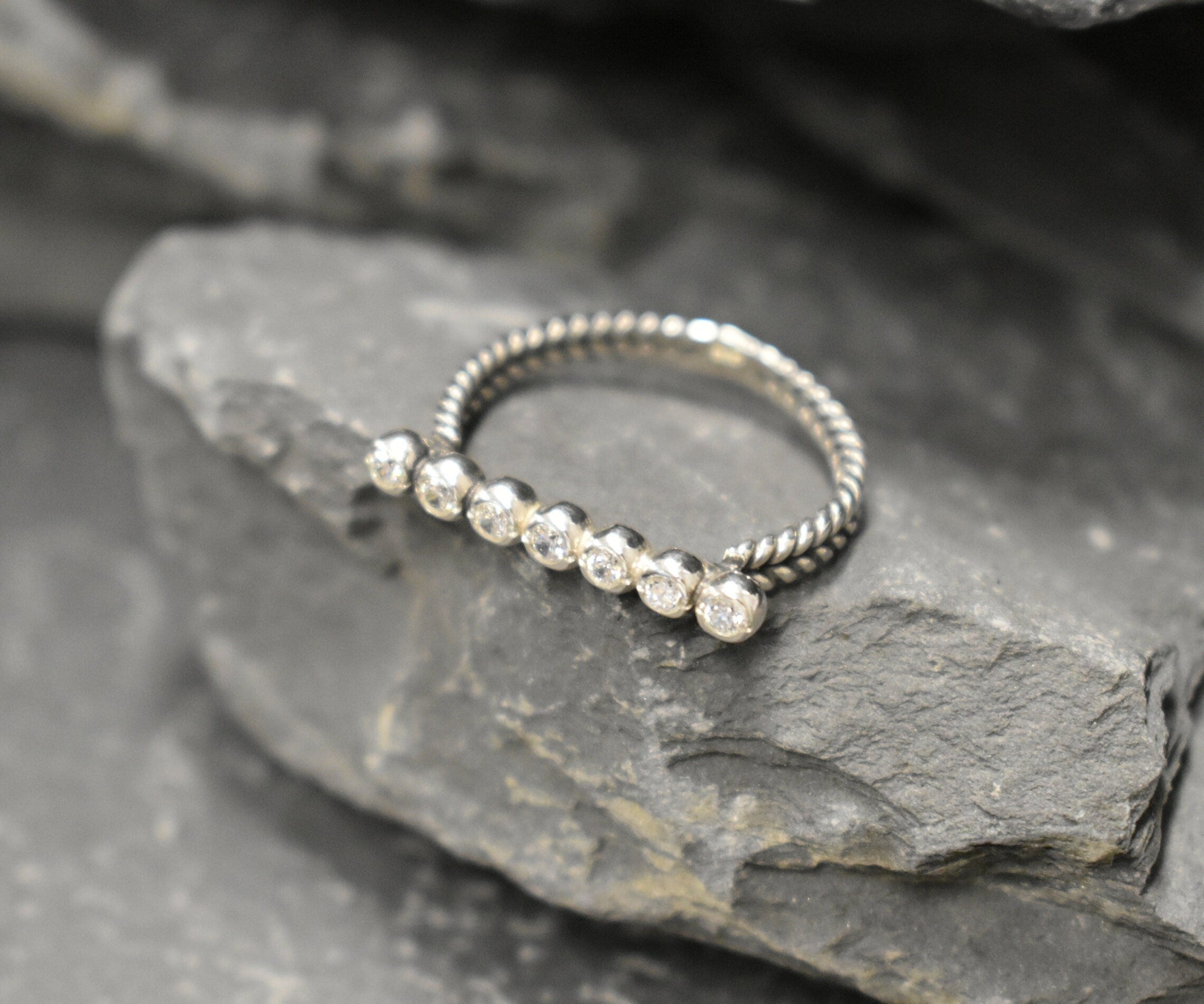 Diamond Ring, Created Diamond, Silver Bar Ring, White Vintage Ring, Clear Diamond Ring, Stackable Ring, Silver Braided Ring, 925 Silver Ring