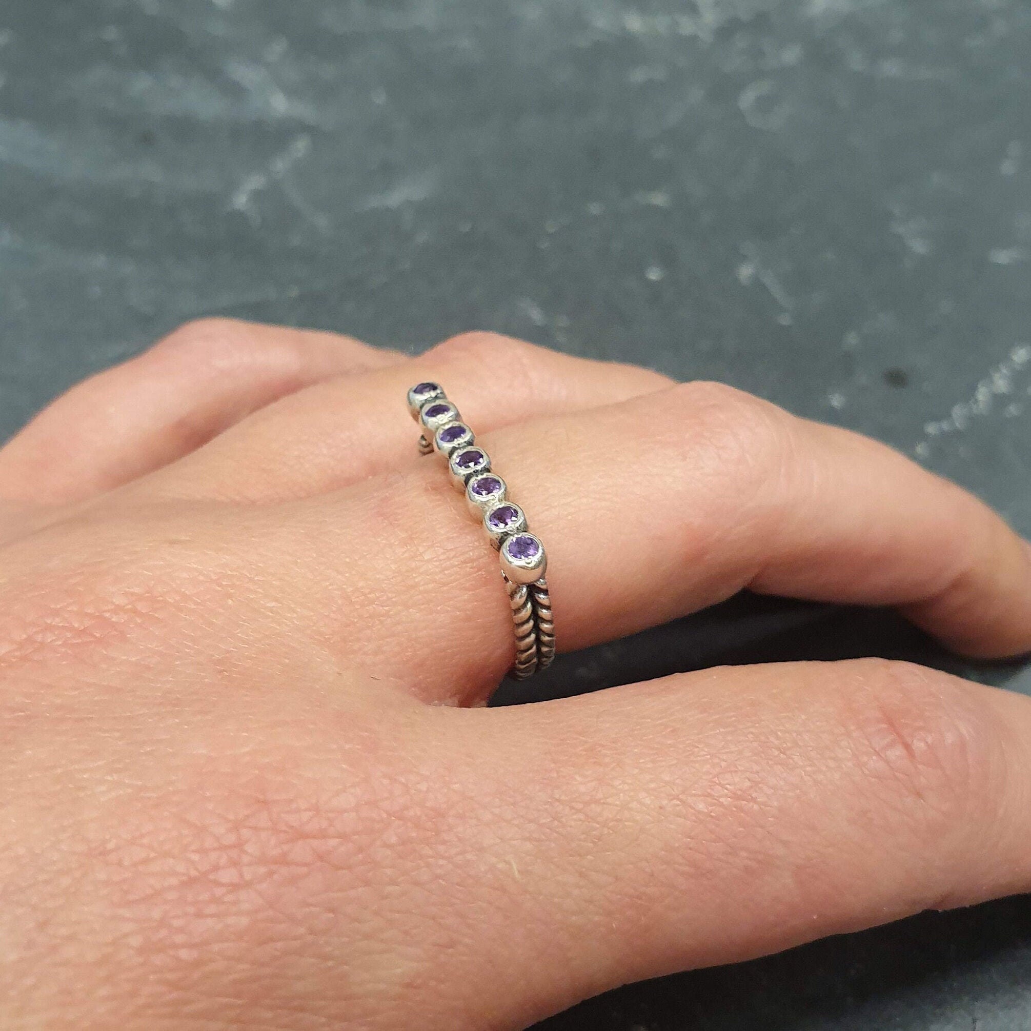 Amethyst Ring, Natural Amethyst, February Birthatone, Silver Bar Ring, Purple Vintage Ring, Braided Ring, Stackable Ring, Solid Silver Ring