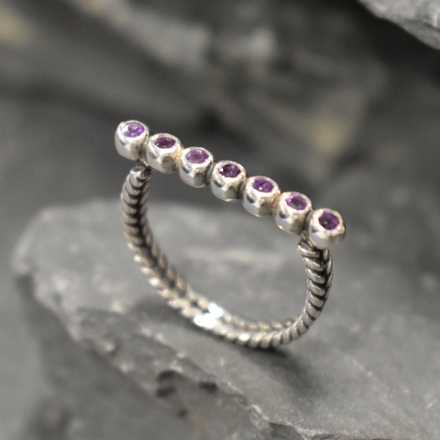 Amethyst Ring, Natural Amethyst, February Birthatone, Silver Bar Ring, Purple Vintage Ring, Braided Ring, Stackable Ring, Solid Silver Ring