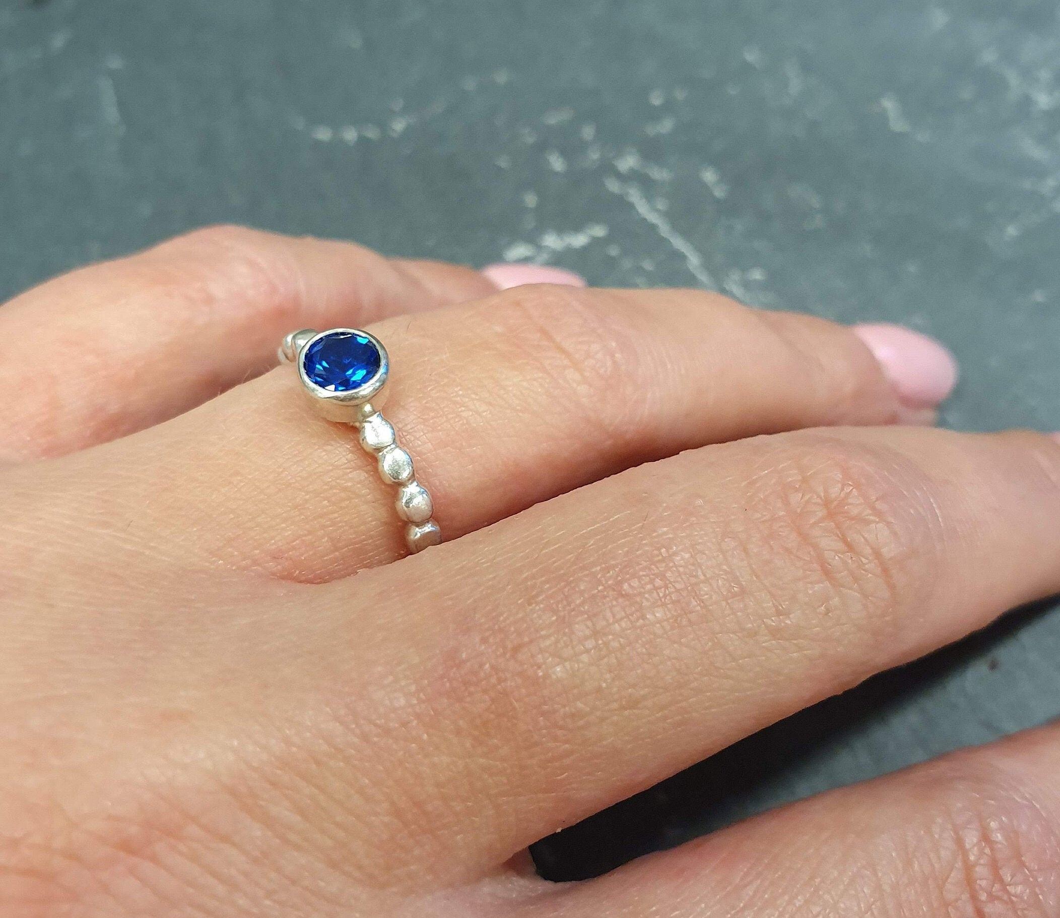 Sapphire Ring in 925 Sterling Silver, Round Created Blue Sapphire, perfect for birthdays and special occasions.