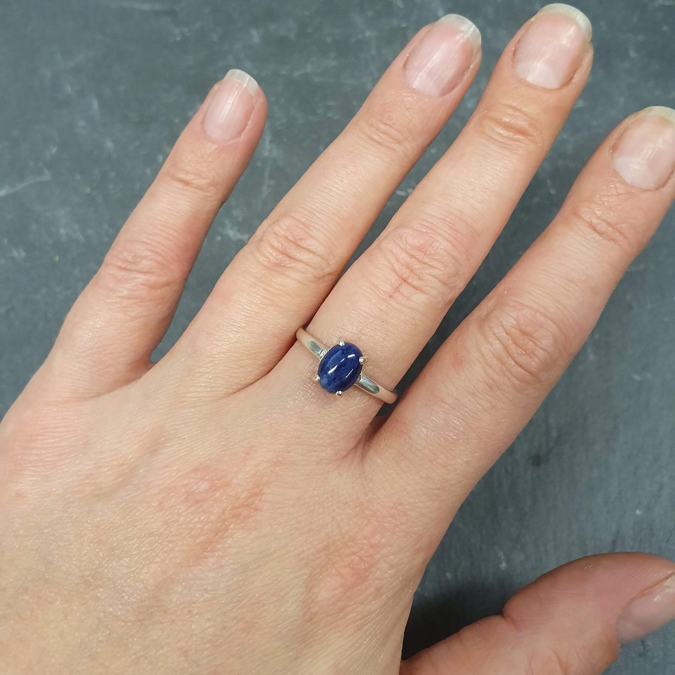 Sodalite Ring, Natural Sodalite, Blue Solitaire Ring, Dainty Ring, Promise Ring, Dark Blue Ring, Oval Ring, Simple Ring, Solid Silver Ring