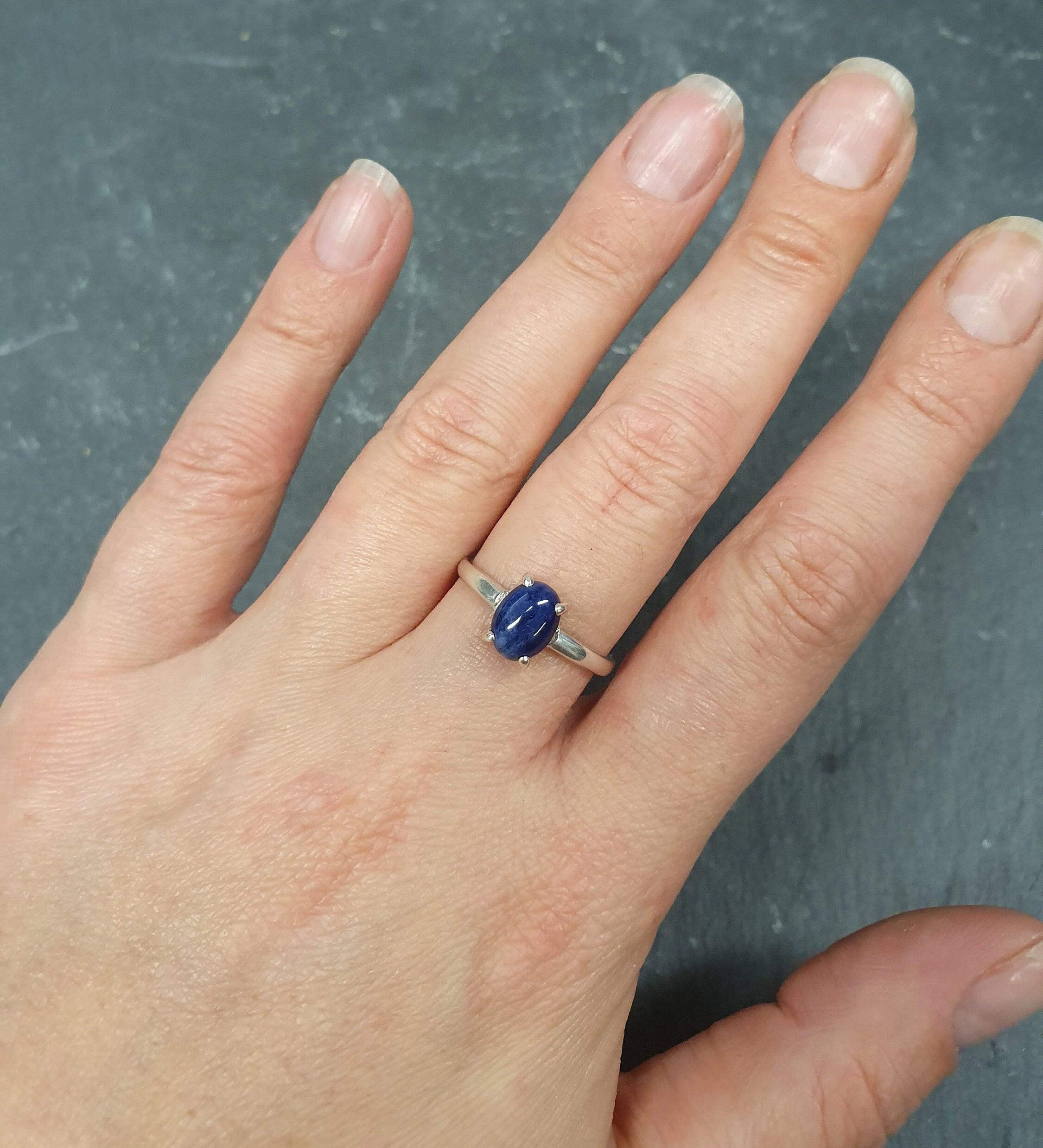 Sodalite Ring, Natural Sodalite, Blue Solitaire Ring, Dainty Ring, Promise Ring, Dark Blue Ring, Oval Ring, Simple Ring, Solid Silver Ring