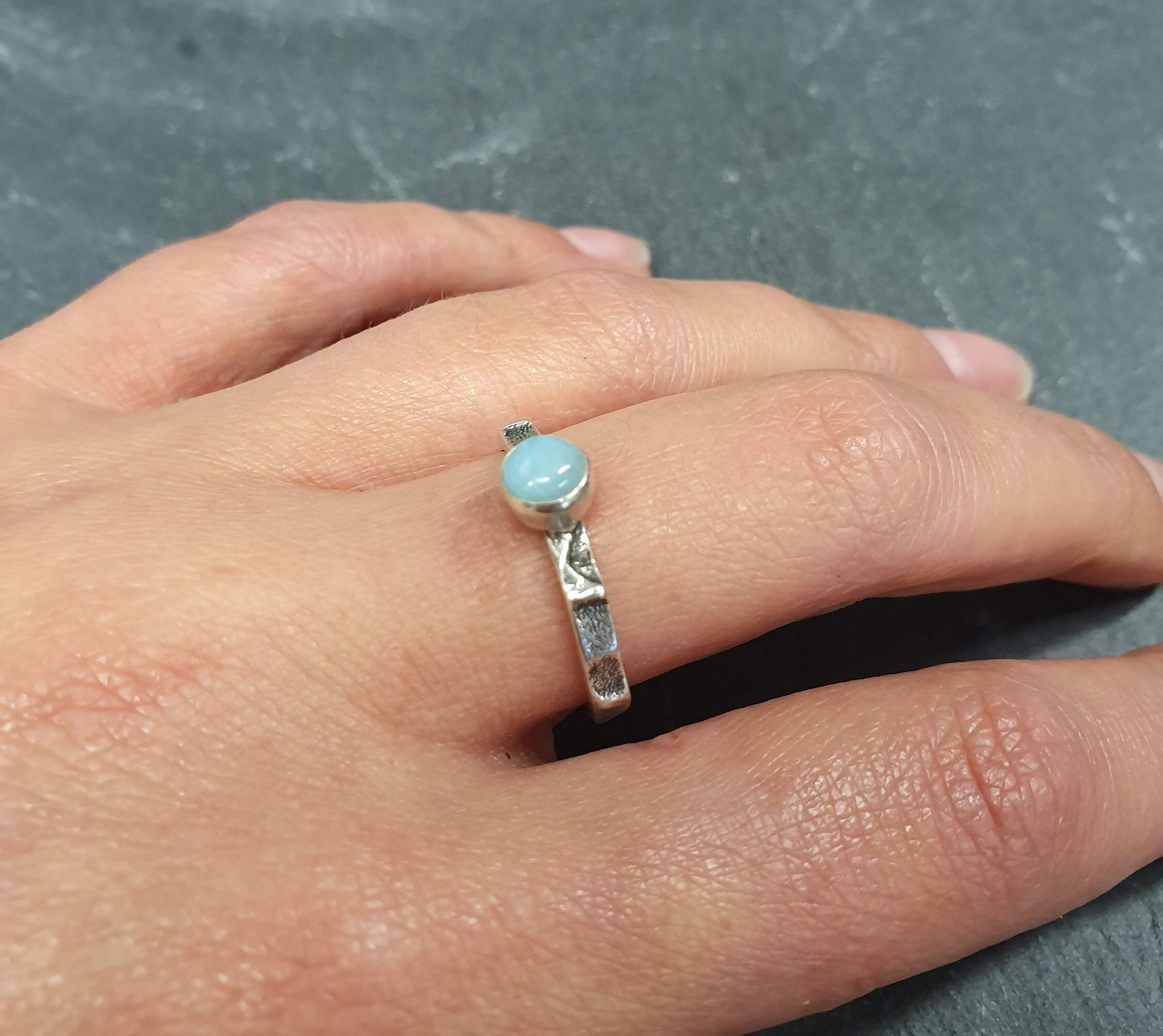 Larimar Ring, Solitaire Ring, Dainty Ring, Stackable Ring, Blue Vintage Ring, Sky Blue Ring, Celtic Ring, Hammered Band, Solid Silver Ring