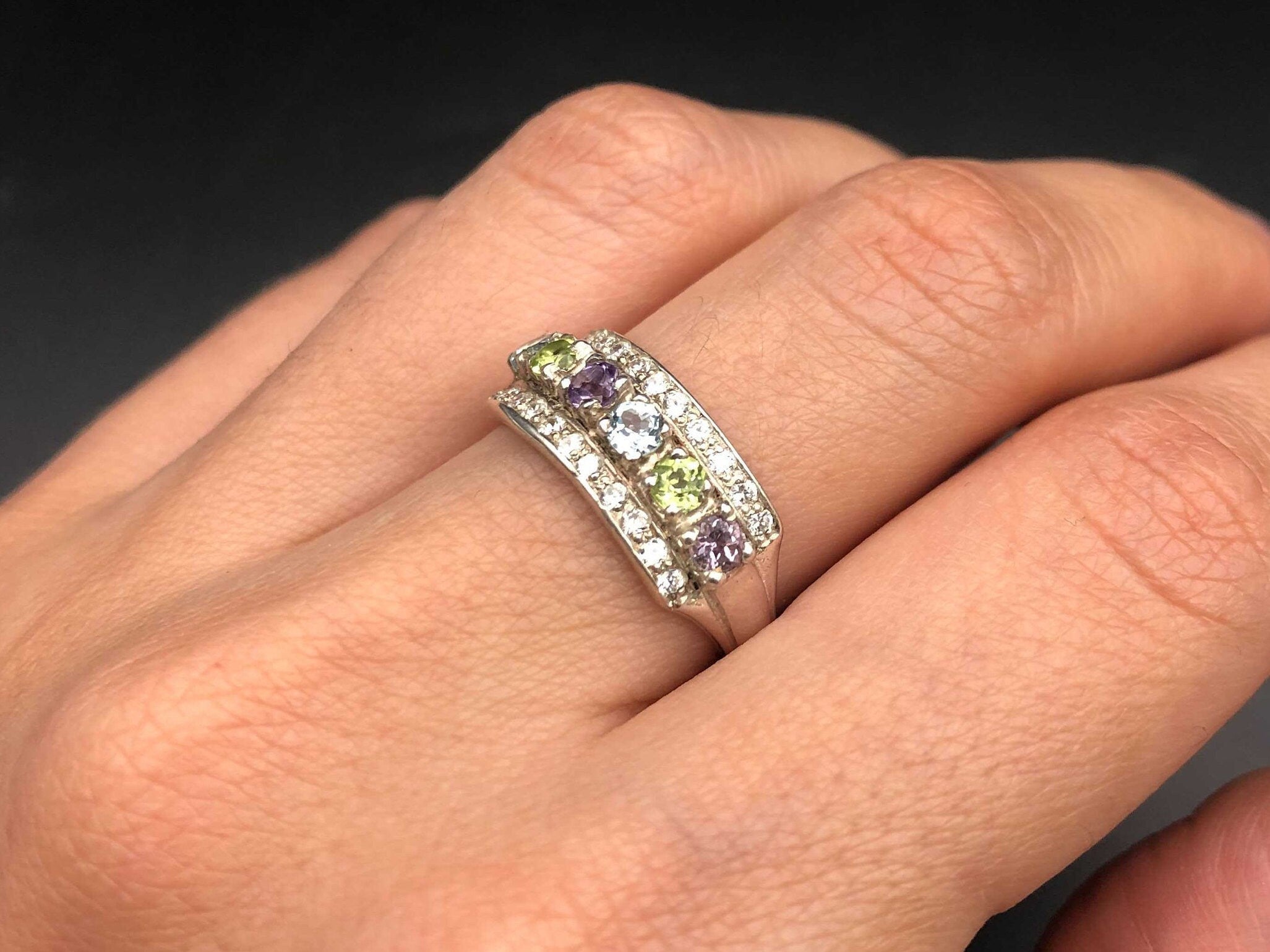 Multistone Topaz Ring, Natural Topaz, Triple Band Ring, Colourful Ring, Thick Ring, Vintage Ring, Blue Topaz, Peridot, Amethyst, 925 Silver