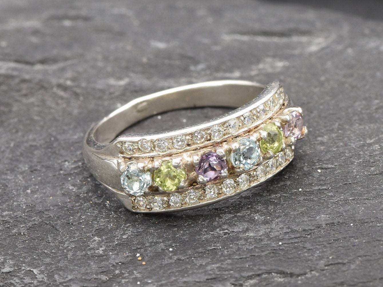 Multistone Topaz Ring, Natural Topaz, Triple Band Ring, Colourful Ring, Thick Ring, Vintage Ring, Blue Topaz, Peridot, Amethyst, 925 Silver
