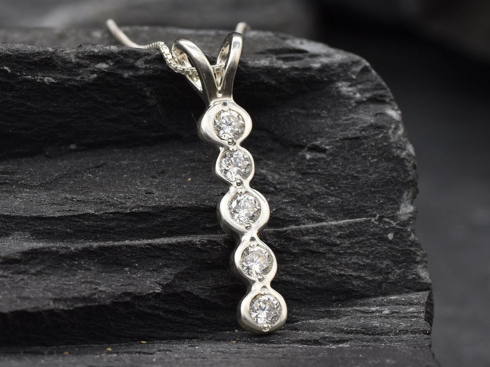 Long Bezel Pendant, Created CZ Diamond, Bubble Necklace, Drop Diamond Pendant, Minimalist Necklace, Layered Necklace, Solid Silver Pendant