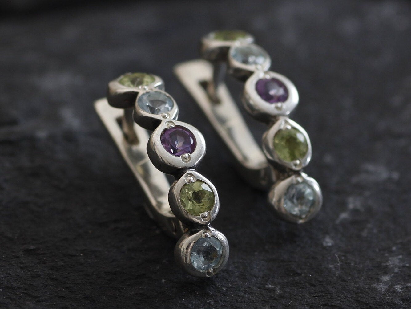 Half Hoop Earrings, Topaz Earrings, Birthstone Earrings, Bezel Huggies, Bubble Earrings, Boho Silver Earrings, Amethyst, Peridot, Blue Topaz