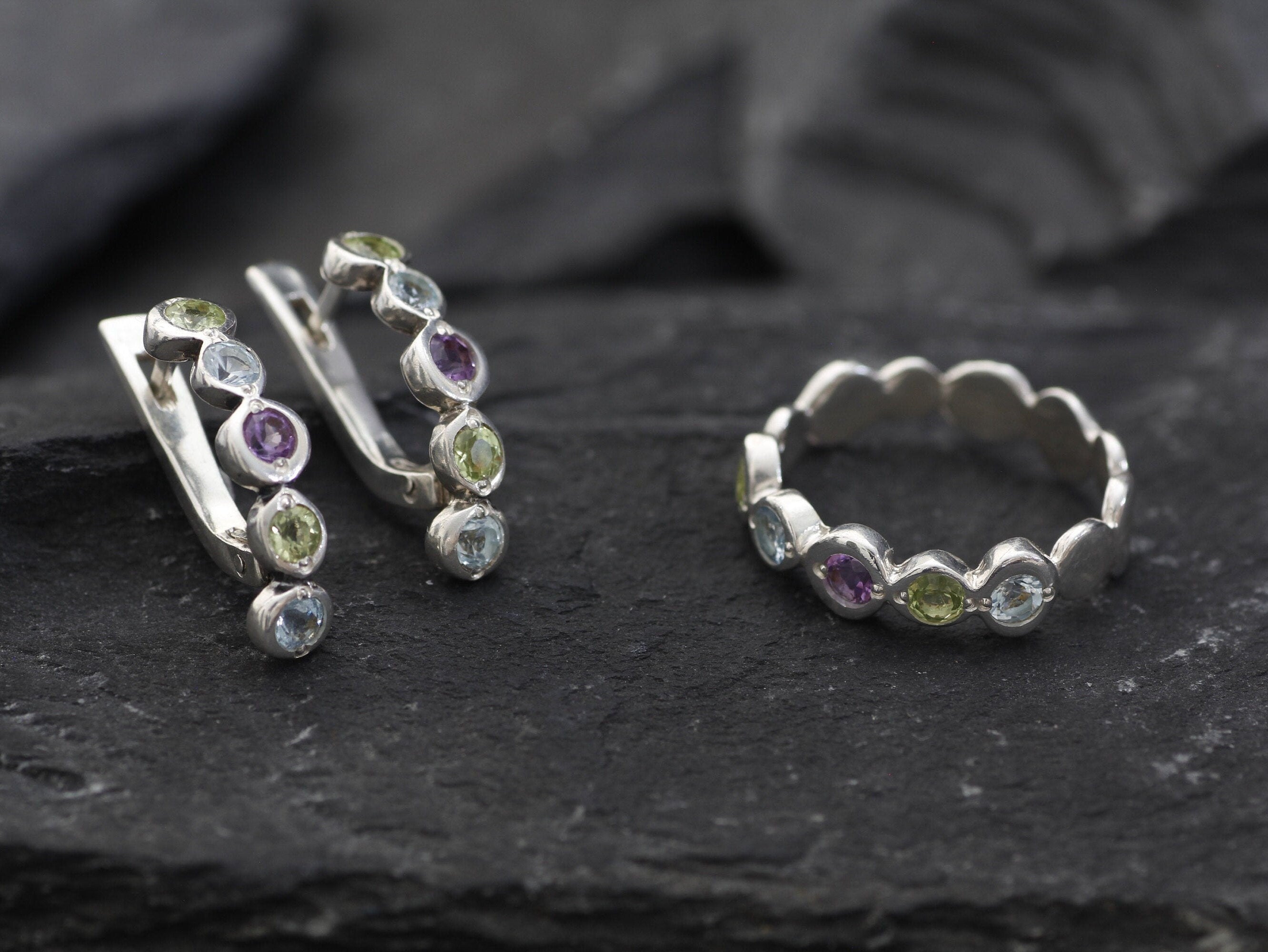 Half Hoop Earrings, Topaz Earrings, Birthstone Earrings, Bezel Huggies, Bubble Earrings, Boho Silver Earrings, Amethyst, Peridot, Blue Topaz