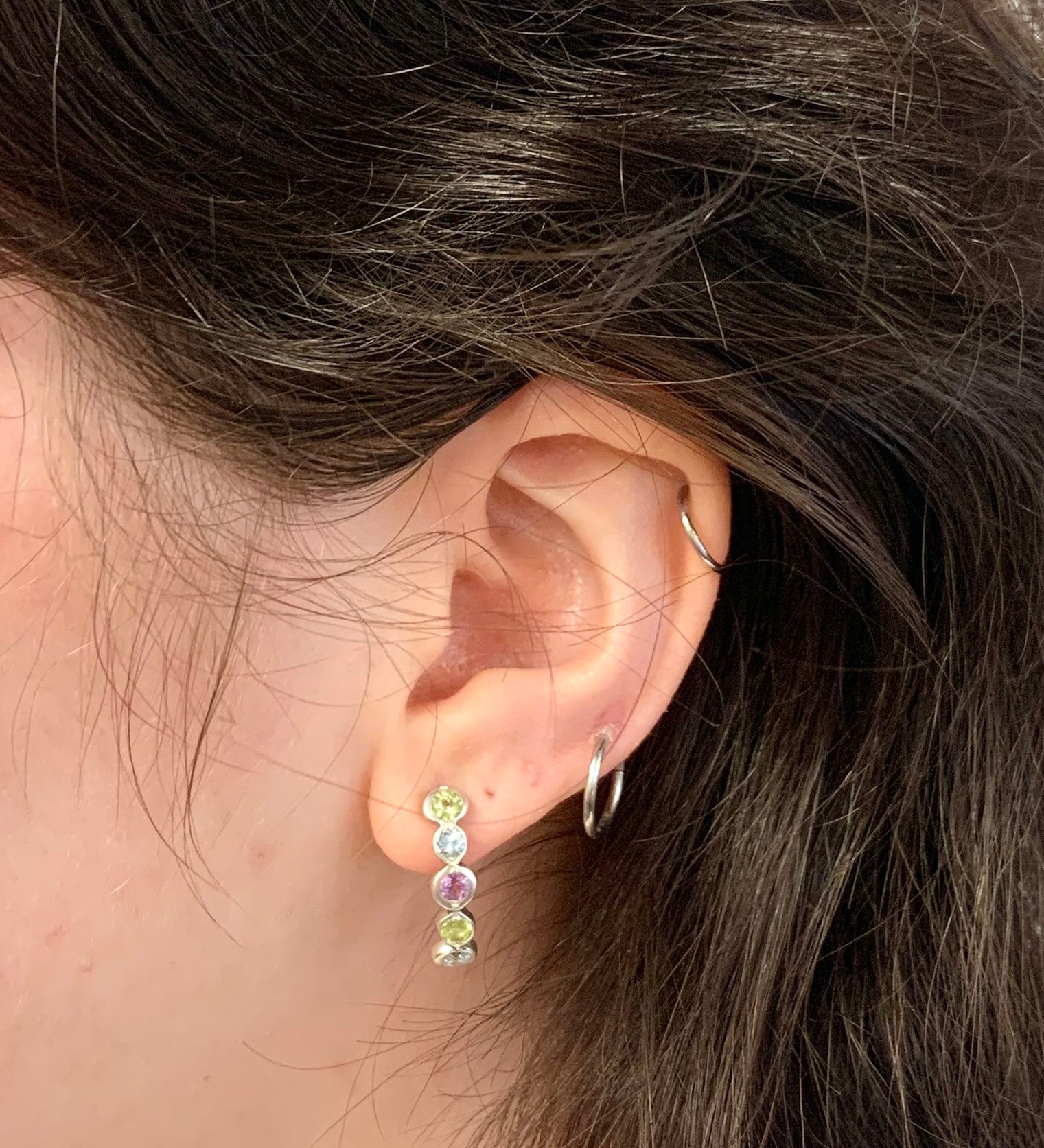 Half Hoop Earrings, Topaz Earrings, Birthstone Earrings, Bezel Huggies, Bubble Earrings, Boho Silver Earrings, Amethyst, Peridot, Blue Topaz