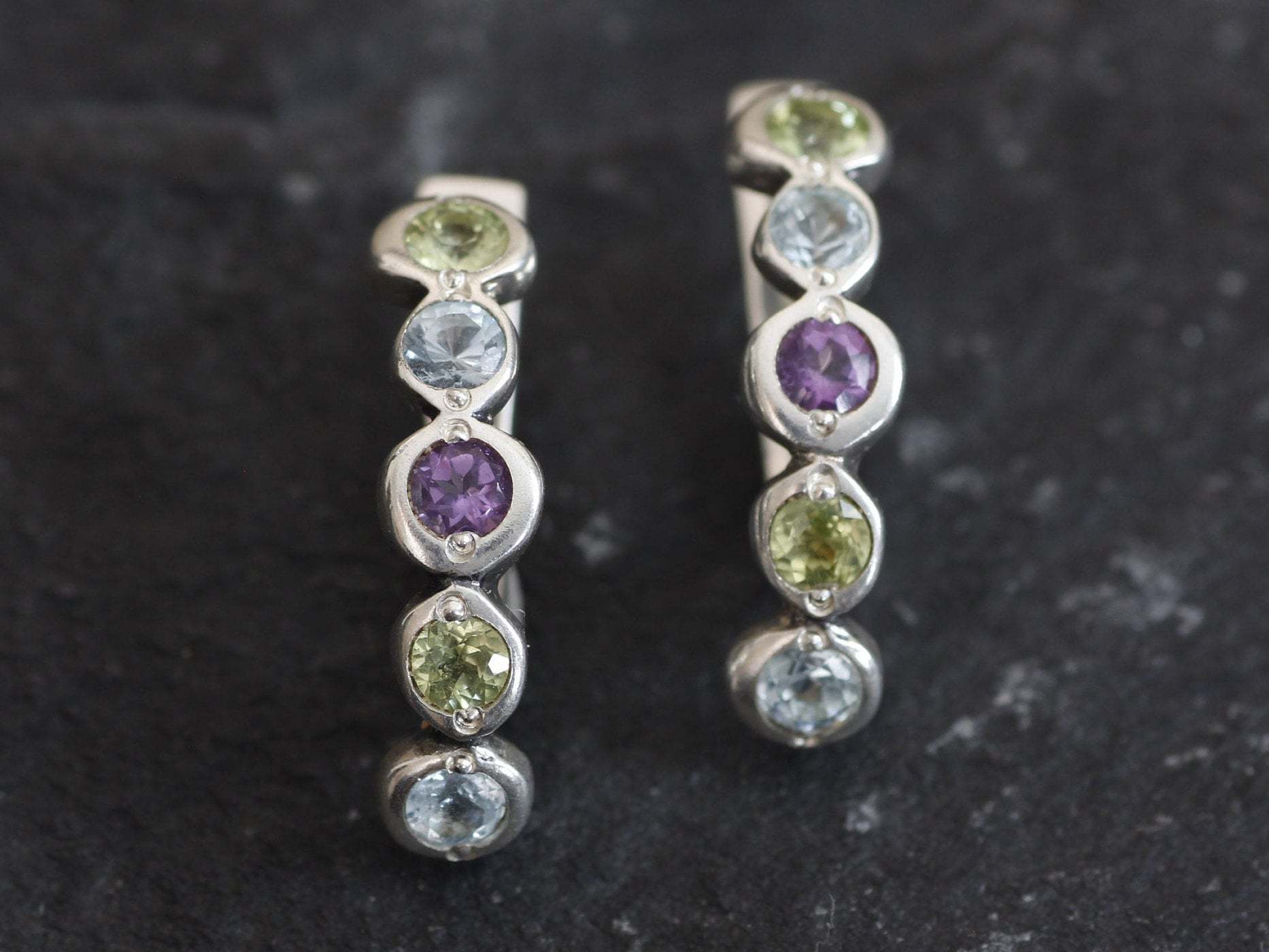 Half Hoop Earrings, Topaz Earrings, Birthstone Earrings, Bezel Huggies, Bubble Earrings, Boho Silver Earrings, Amethyst, Peridot, Blue Topaz